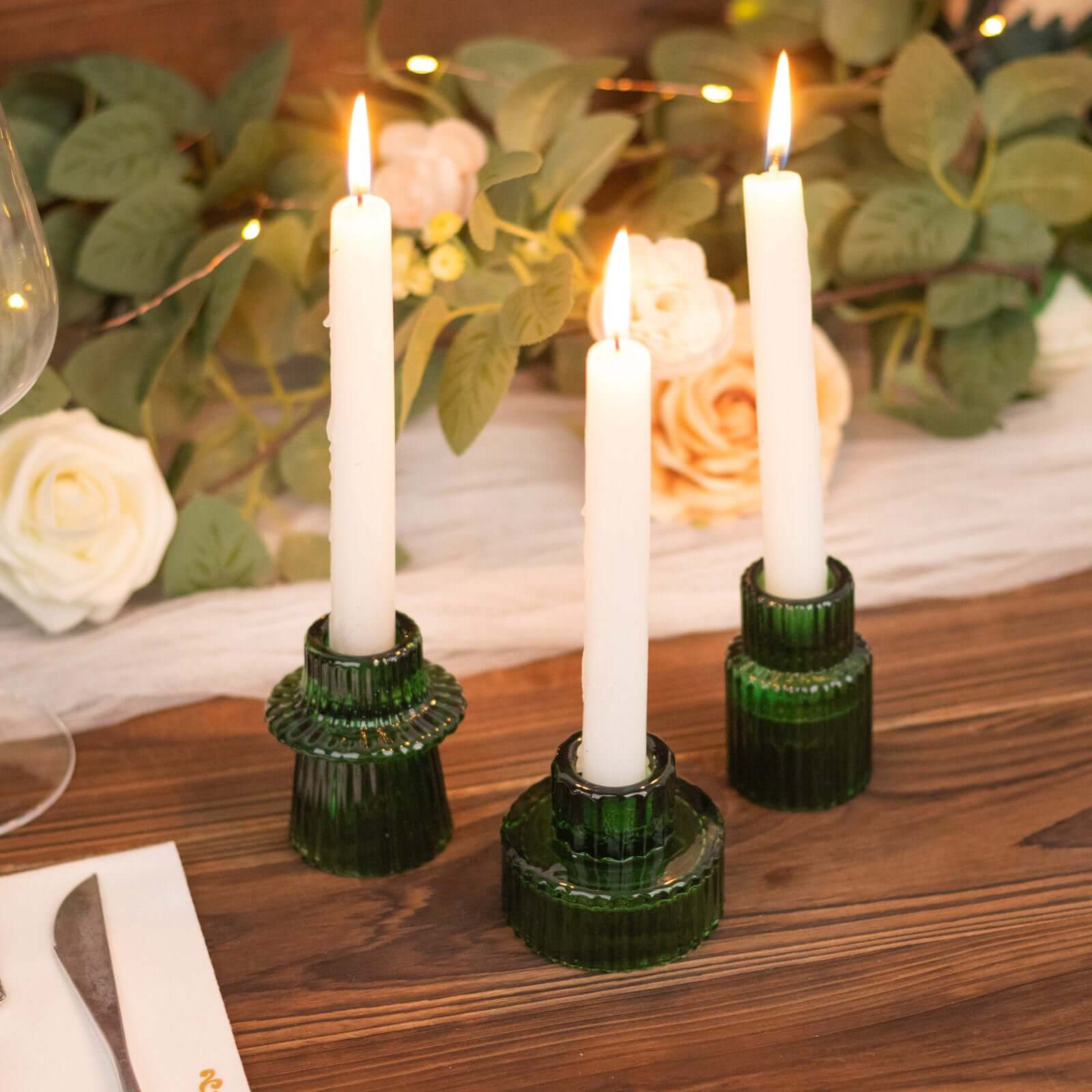 Set of 6 Glass Taper Candle Holders Ribbed Crystal Design Hunter Emerald Green - Reversible Mini Votive Tealight Stands 3"