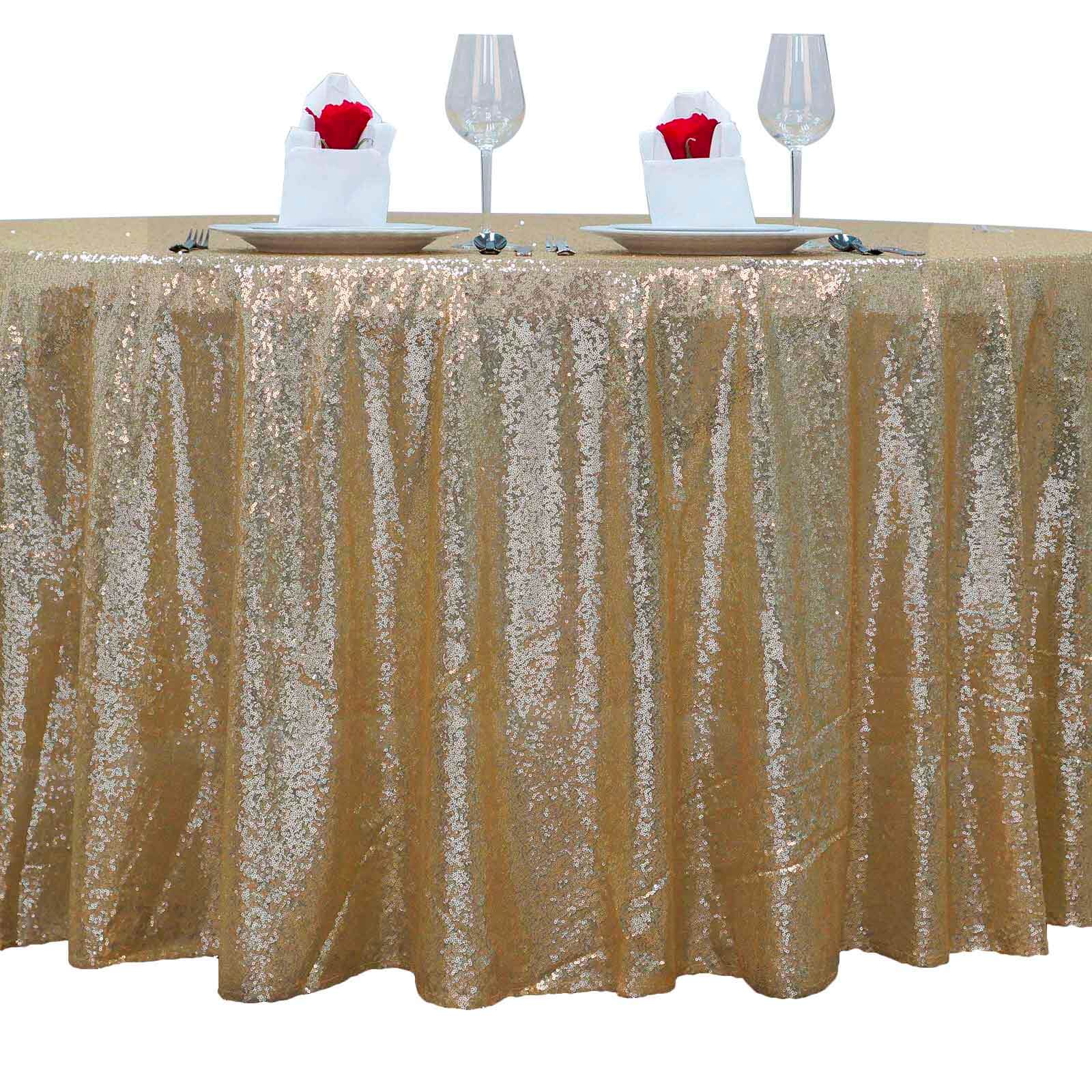 Sequin 132" Round Tablecloth Champagne - Seamless Dazzling Table Cover