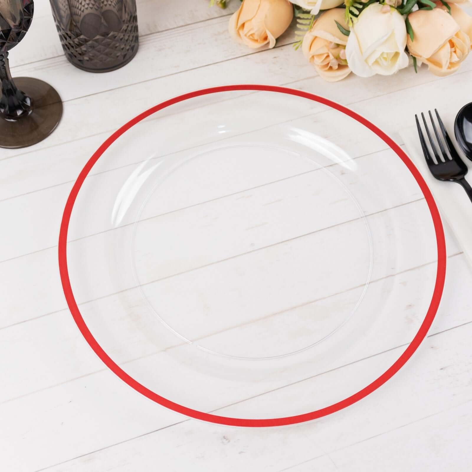 10-Pack Plastic 10" Round Dinner Plates in Clear with Red Rim - Disposable Party Plates for Classy Banquets & Special Occasions
