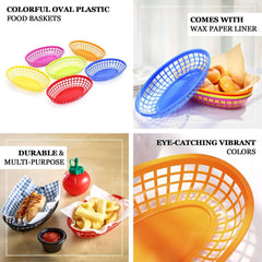 6-Pack Plastic Food Baskets with 50 Wax Paper Liners Assorted Colors - Durable Oval Deli Serving Trays