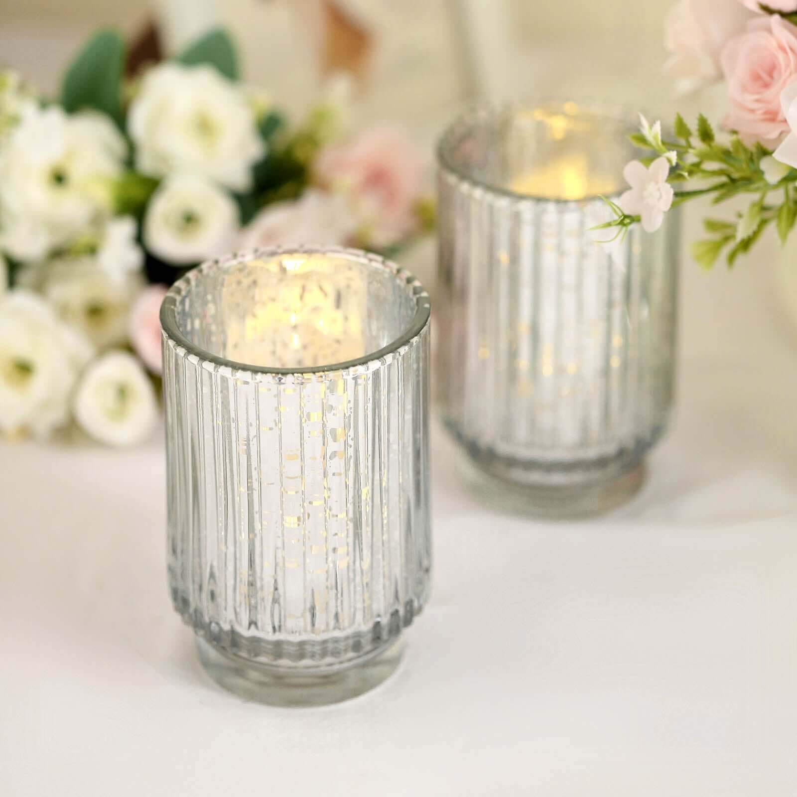 3-Pack Mercury Glass Hurricane Candle Holders Silver Wavy Column Design - Votive Pillar Vase 5"