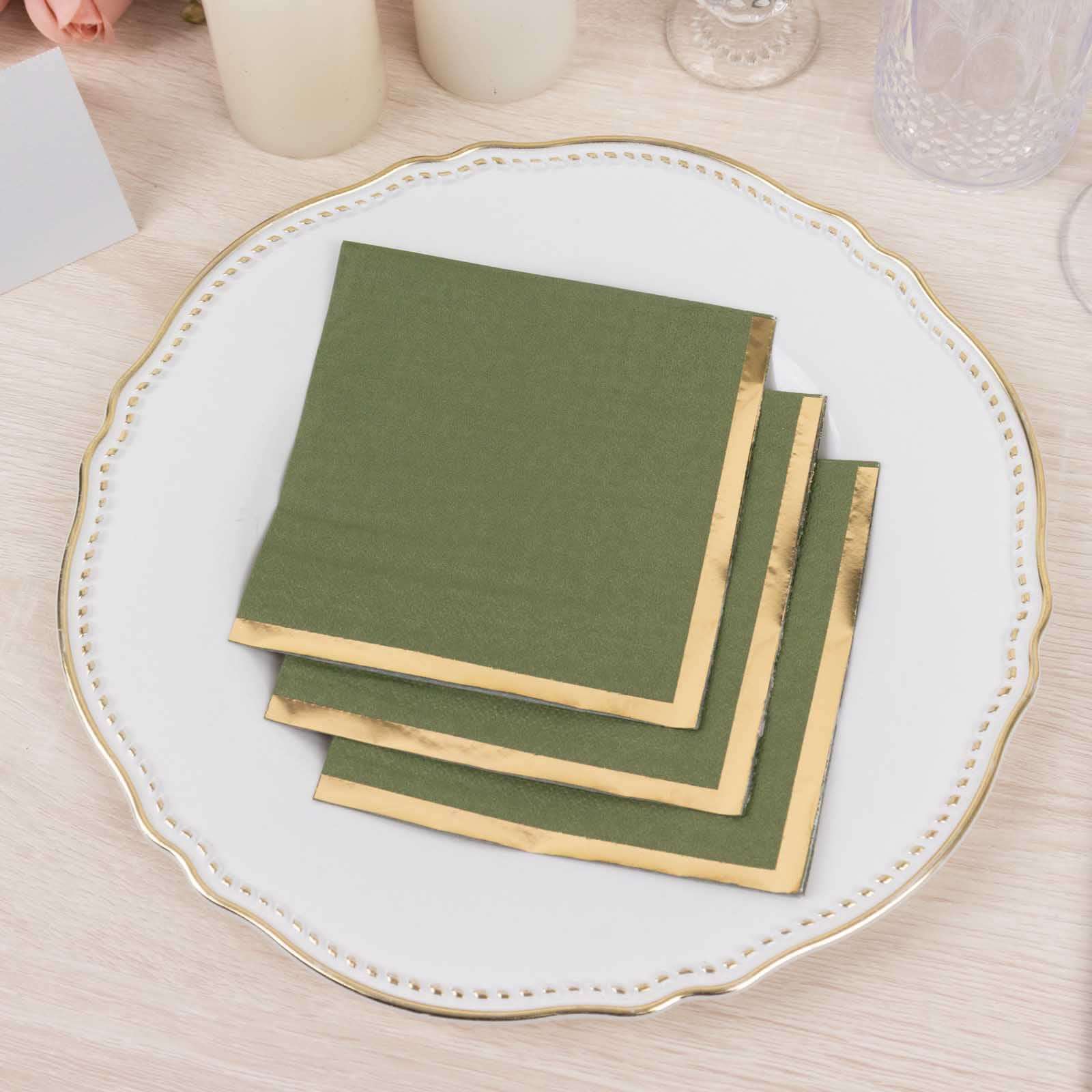 50-Pack Paper Beverage Napkins Dusty Sage Green with Gold Foil Edge - 2 Ply Disposable Soft 18GSM Cocktail Napkins 5"x5"