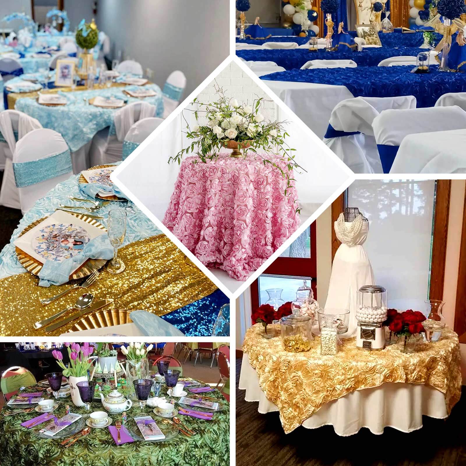 Satin 72"x72" Table Overlay Square Tablecloth Navy Blue - 3D Rosette Table Cover