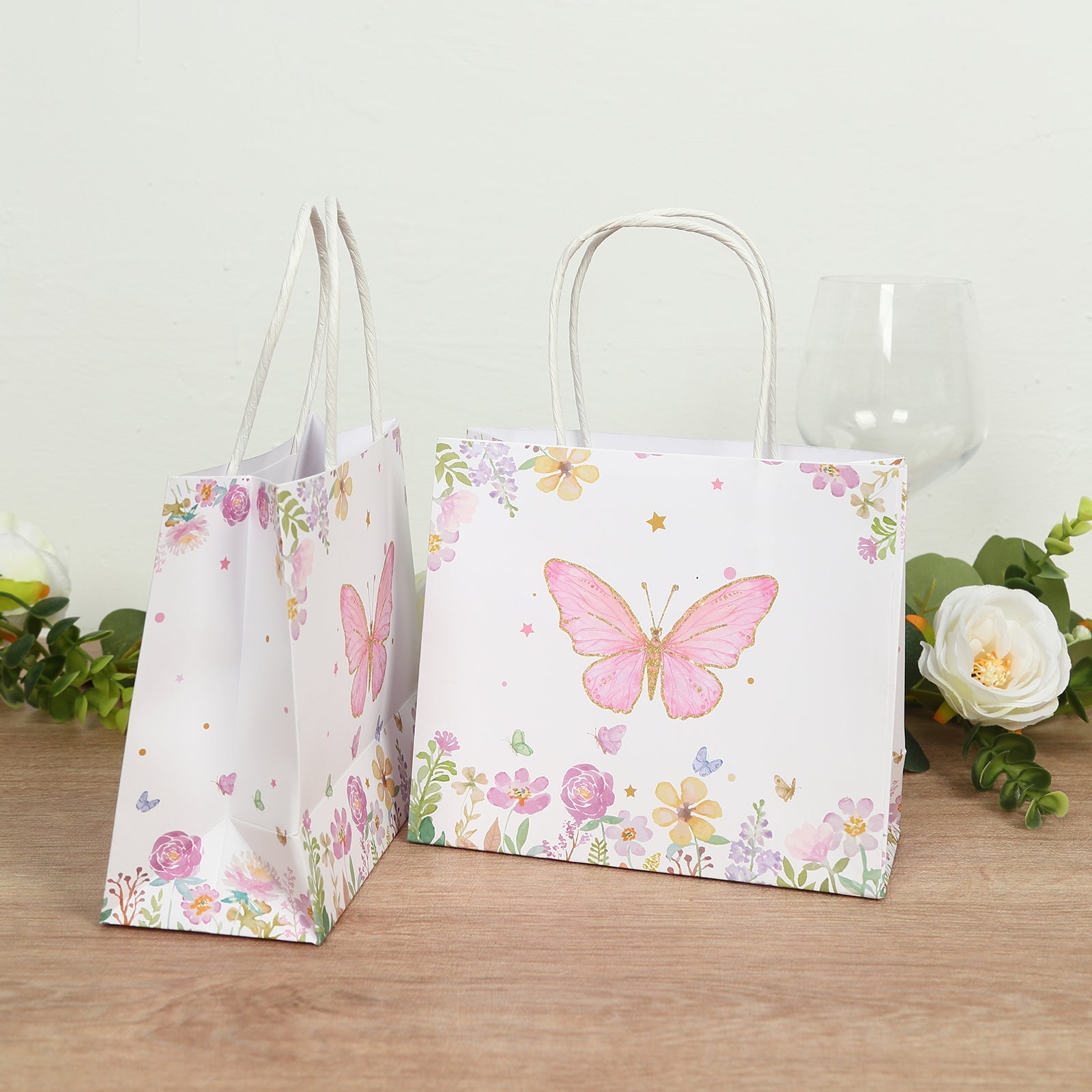 12 Pack Pink Glitter Butterfly Paper Favor Bags with Handles, Floral Print White Goodie Gift Bags - 6"x7"