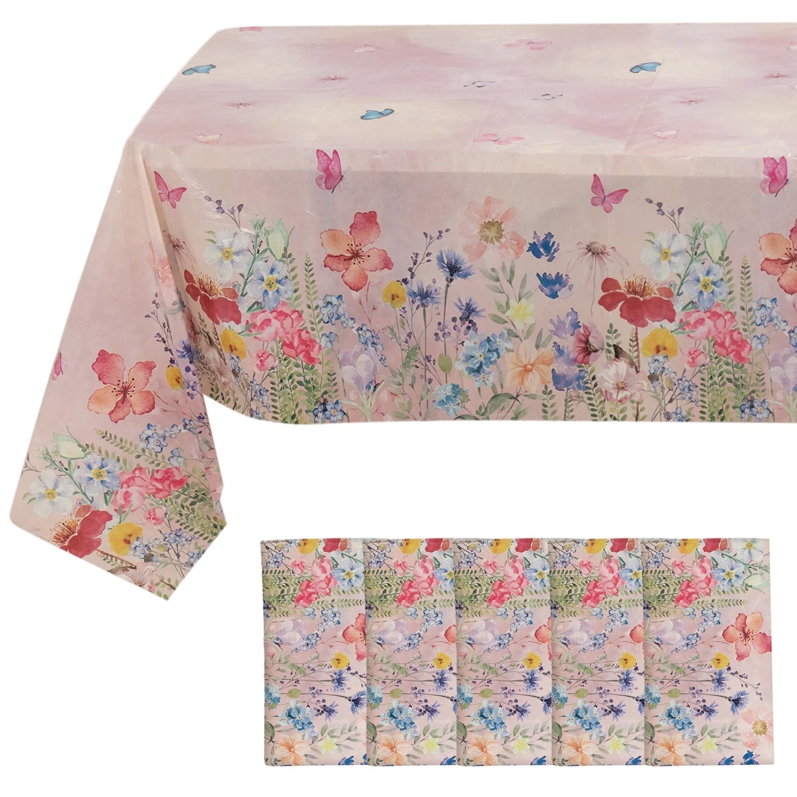 5-Pack Plastic Table Covers Blush Rectangle with Butterfly Floral Print - Decorative PVC Disposable Covers 54"x108"