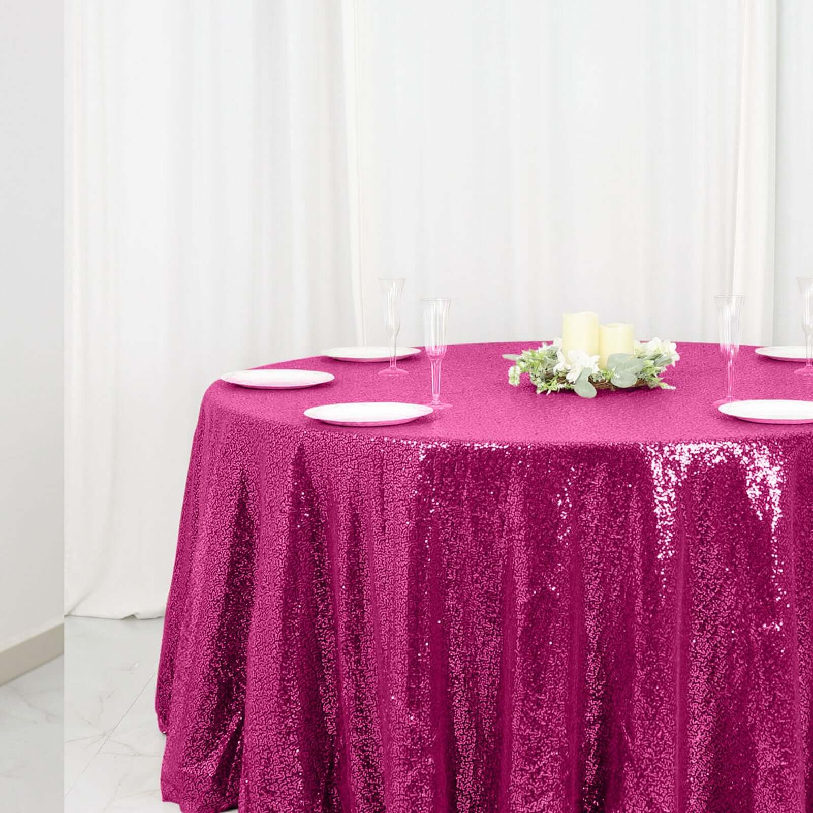Sequin 120" Round Tablecloth Fuchsia - Seamless Glittering Table Cover