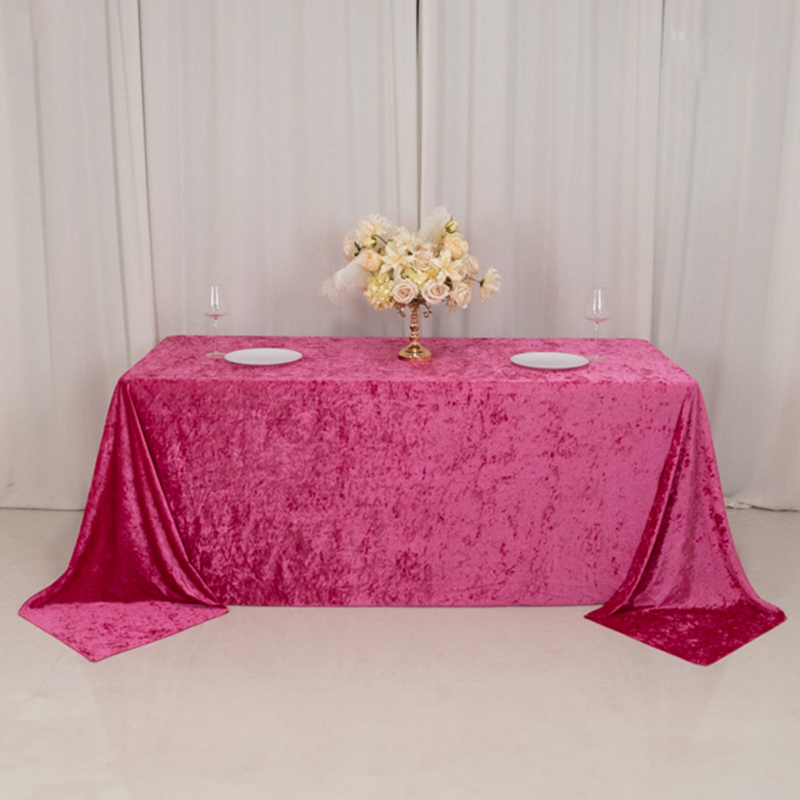 Premium Crushed Velvet 90"x132" Rectangle Tablecloth Fuchsia - Reusable Soft & Seamless Table Cover