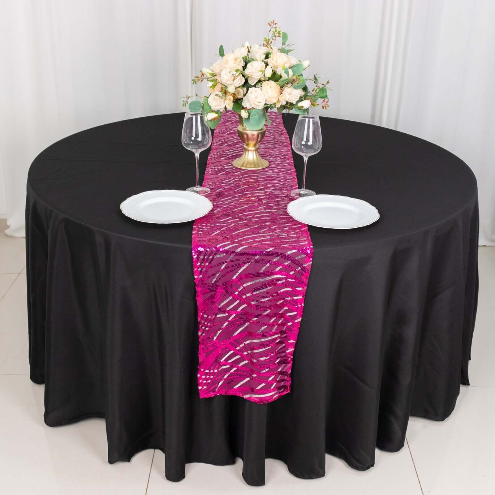 Sequin Mesh 12"x108" Table Runner Fuchsia Stylish Wave Embroidery