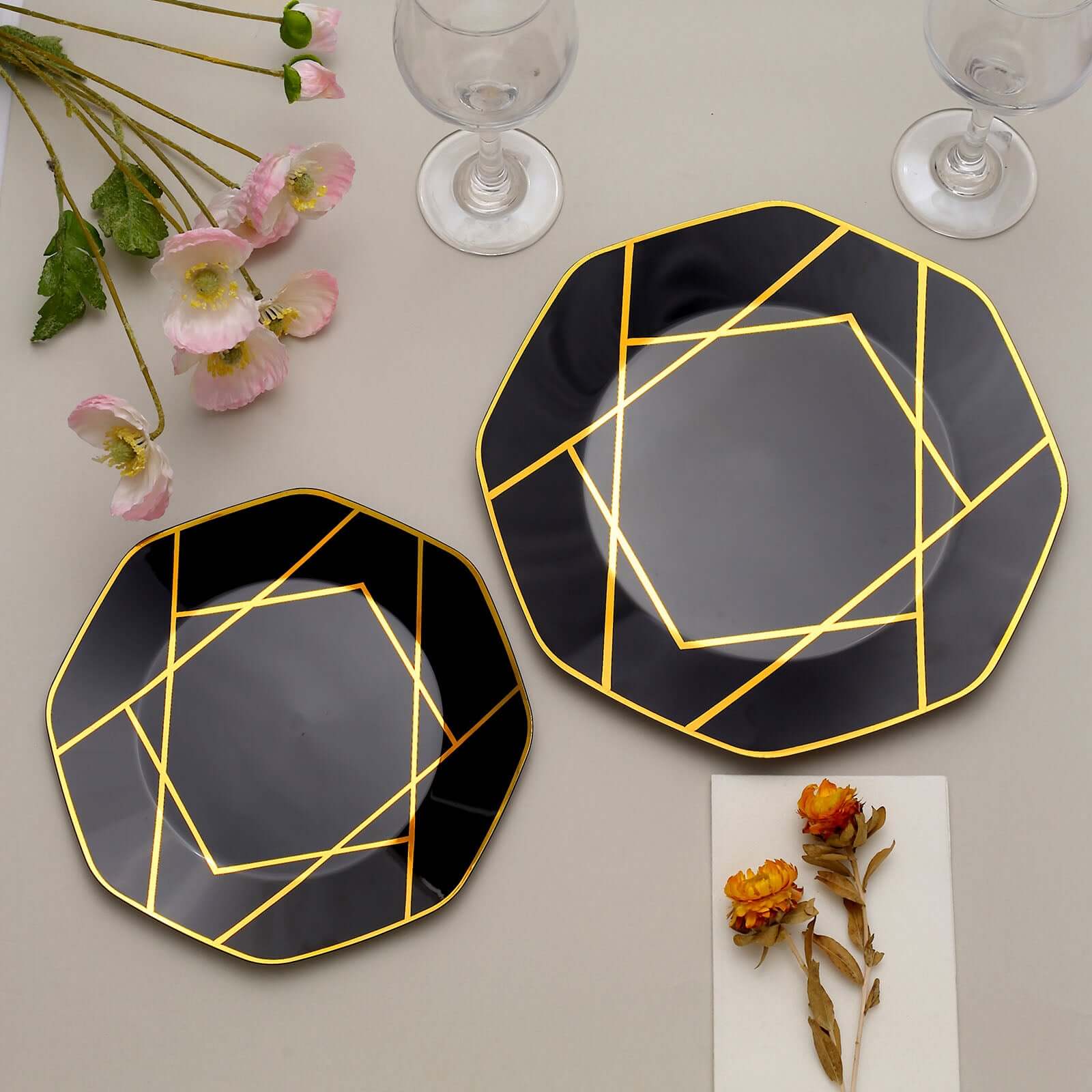 10-Pack Plastic 10" Octagon Dinner Plates in Black - Modern Disposable Party Plates with Gold Geometric Design for Special Occasions & Celebrations