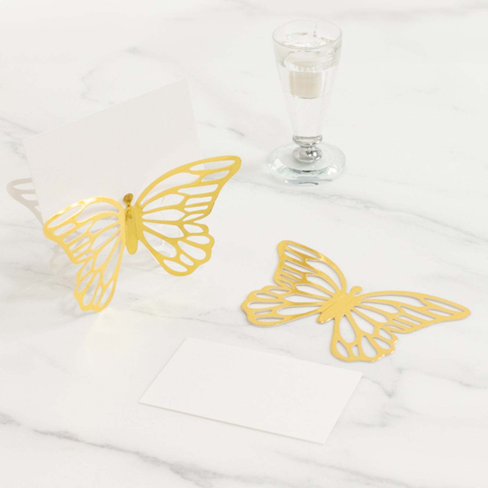 25-Pack Paper Butterfly Place Card Holders Gold with White Printable Cards - 3D Free Standing Table Number Stands 3"x5"