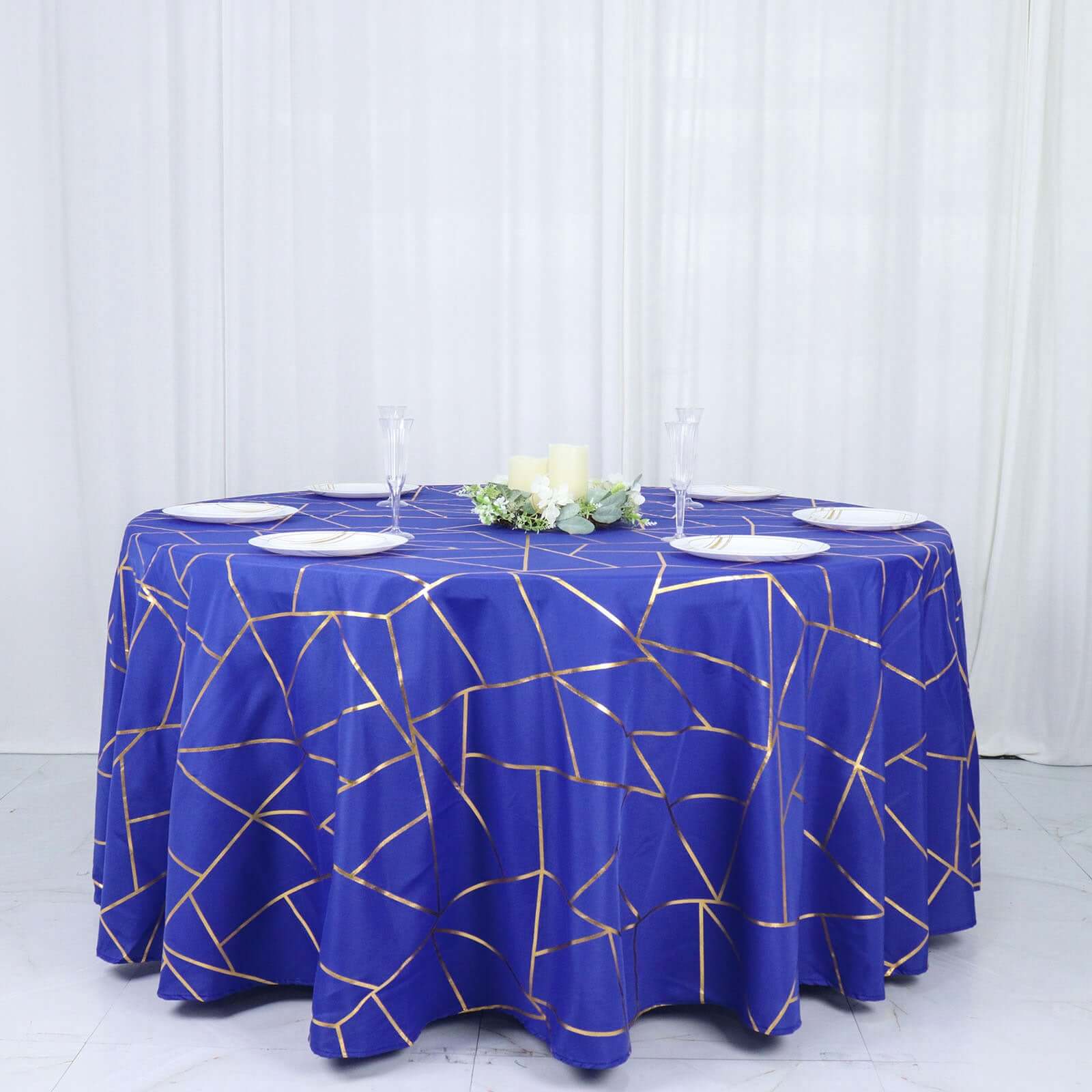 Polyester 120" Round Tablecloth Royal Blue with Gold Foil Geometric Pattern Wrinkle-Resistant Seamless Table Cover
