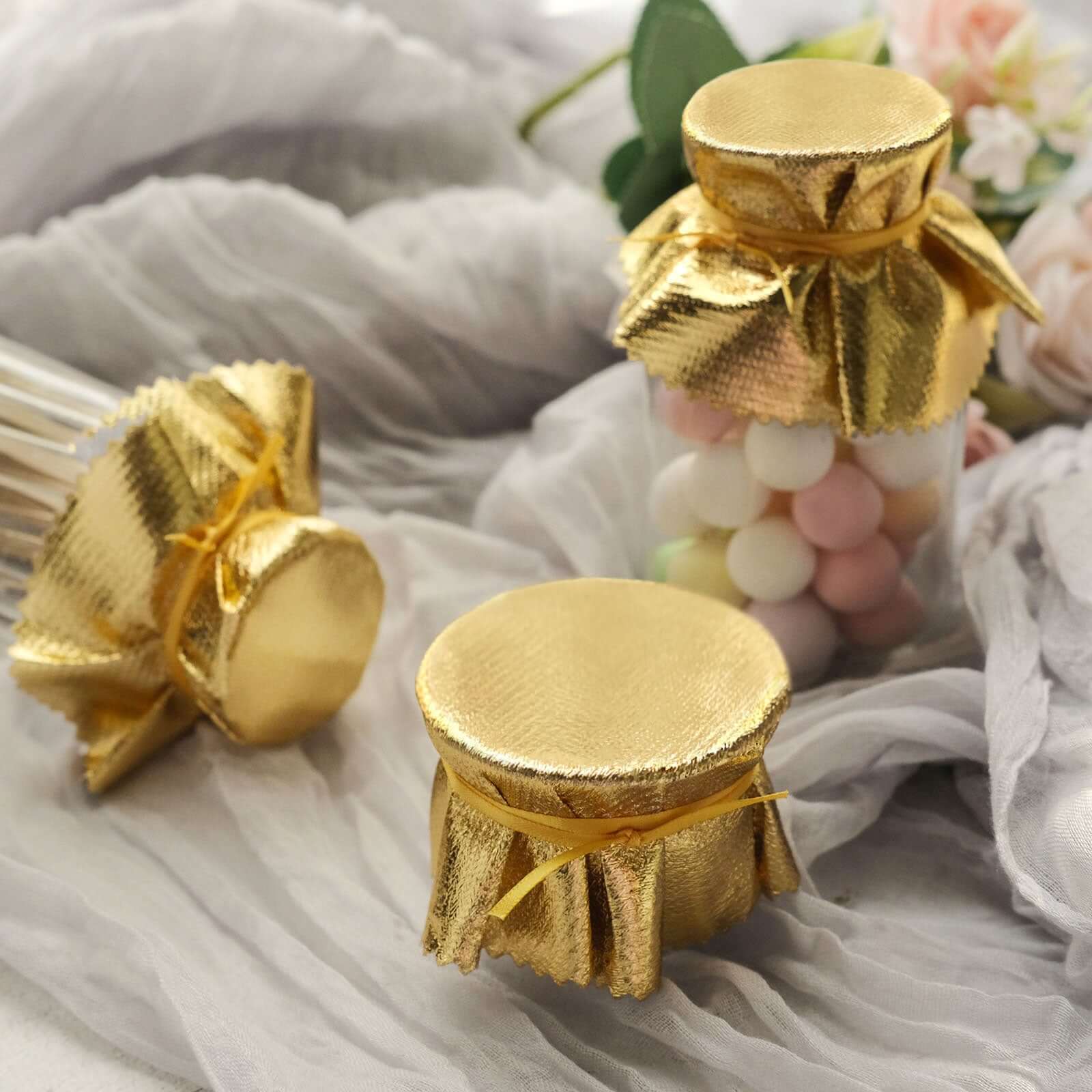 6-Pack Jar Covers Metallic Gold Round Lame Fabric Design with Satin Tie String - DIY Party Favors & Craft Supplies 6"