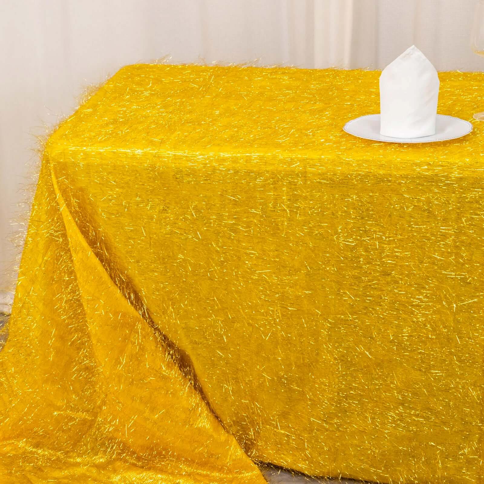 Polyester 90"x156" Rectangle Tablecloth Gold Metallic Fringe Shag Tinsel Design Table Cover for Events Decor