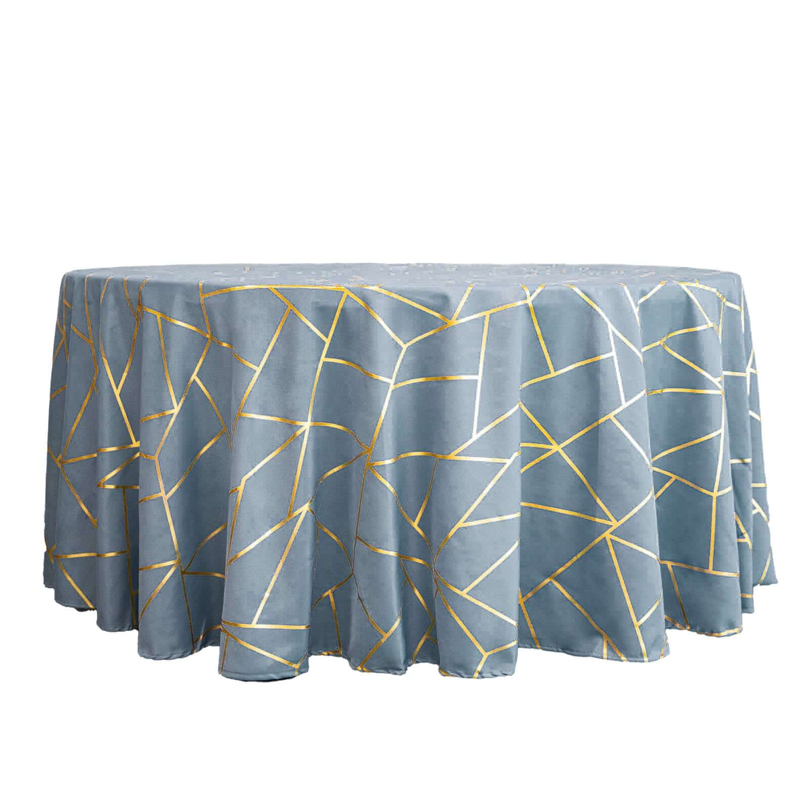 Polyester 120" Round Tablecloth Dusty Blue with Gold Foil Geometric Pattern Wrinkle-Resistant Seamless Table Cover