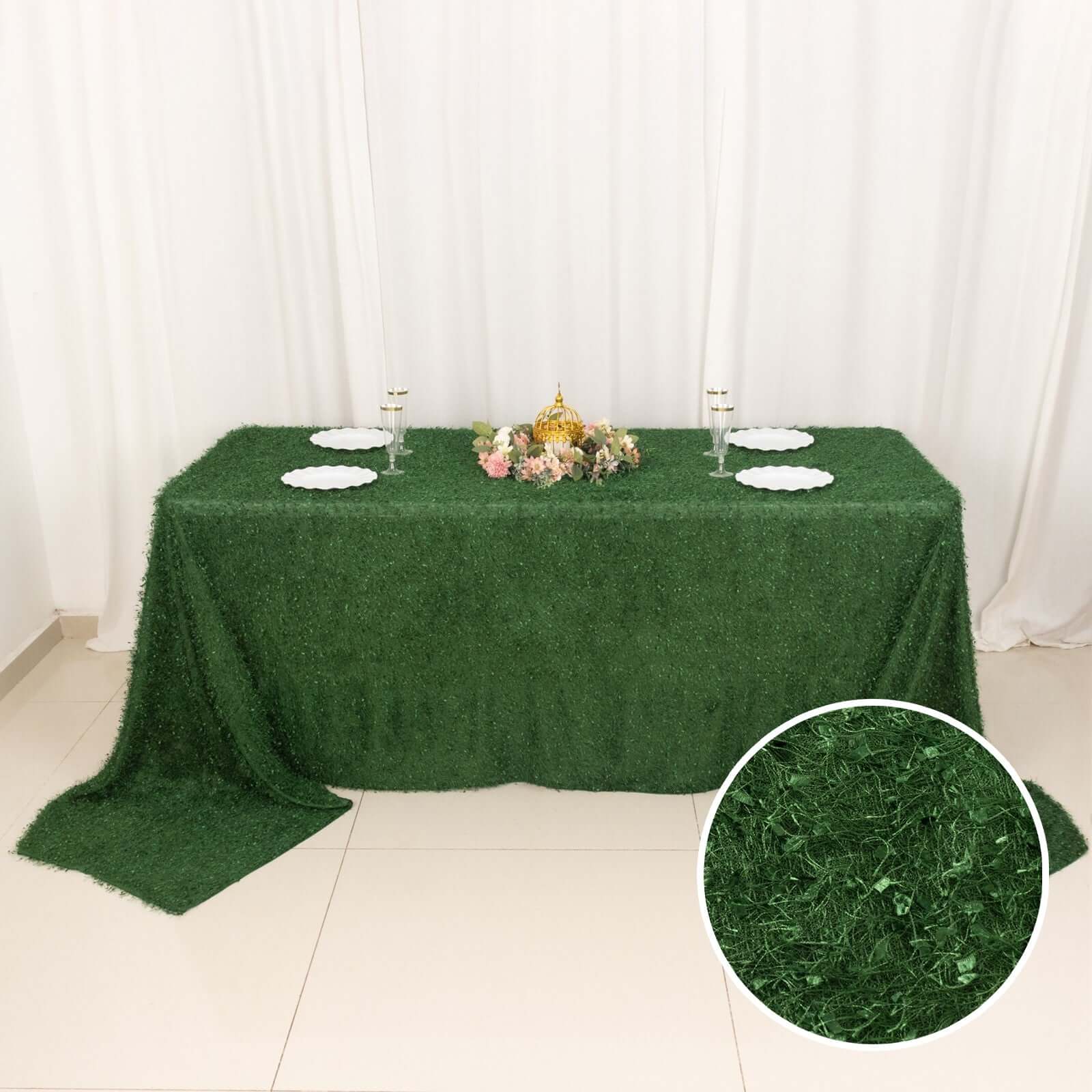 Polyester 90"x156" Rectangle Tablecloth Green with Shaggy Fringe Table Cover