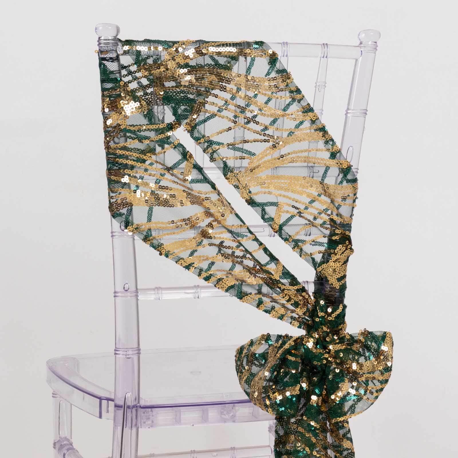 5 Pack Chair Sashes with Wave Embroidered Sequins Hunter Emerald Green/Gold 6"x88"