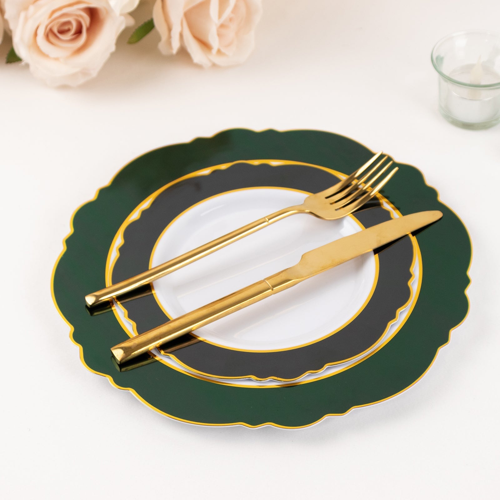 10-Pack Plastic 8" Round Dessert Plates in White with Hunter Emerald Green Blossom Design & Gold Edging - Disposable Salad Appetizer Plates