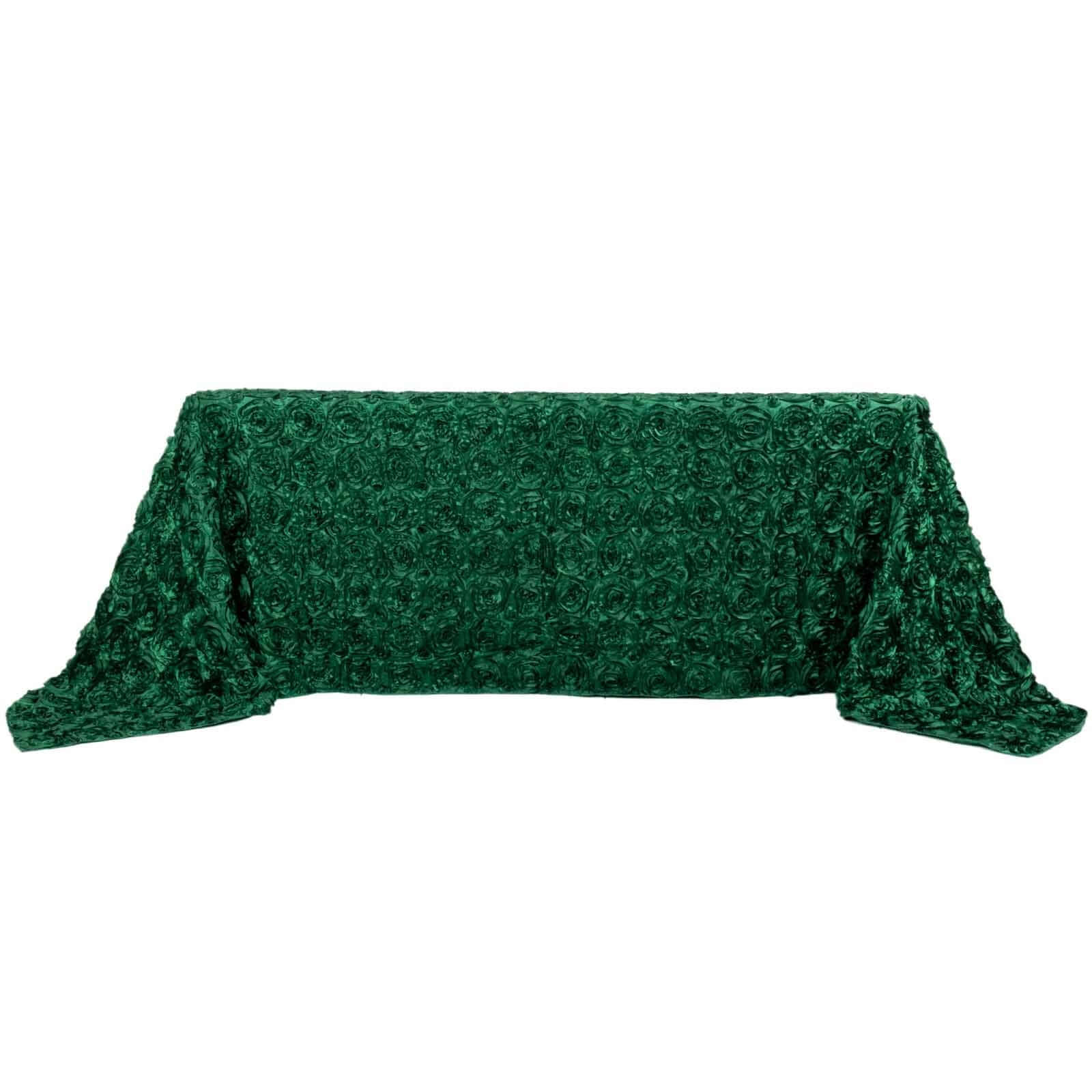 Satin 90"x132" Rectangle Tablecloth Hunter Emerald Green - Grandiose 3D Rosette Seamless Table Cover