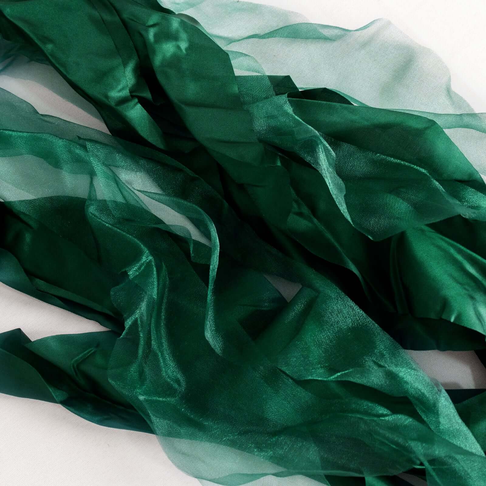 5 Pack Chiffon Satin Chair Sashes Hunter Emerald Green - Easy to Install Ruffled Curly Willow