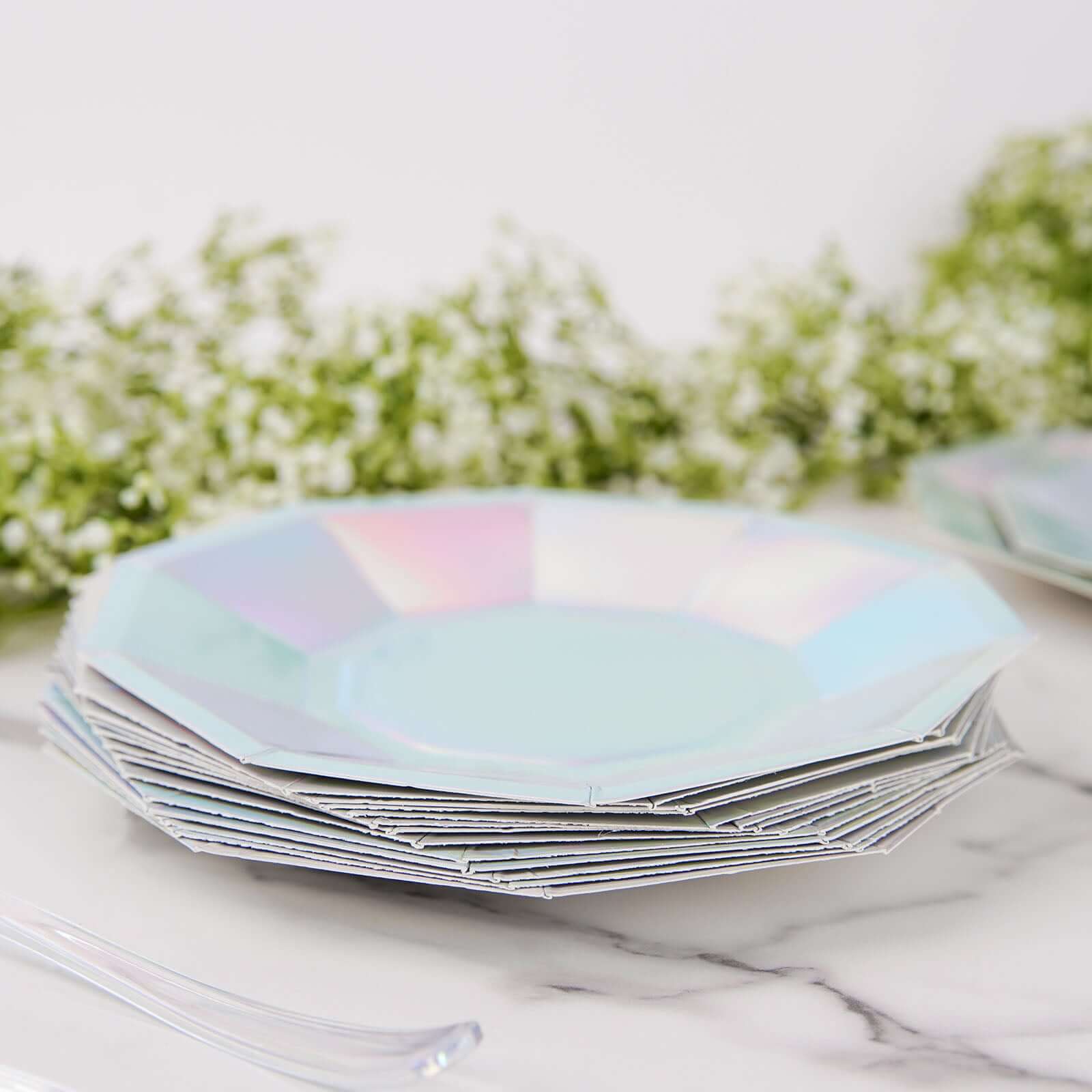 25-Pack Paper 7.5" Decagon Dessert Plates in Iridescent - Disposable Holographic Salad Plates for Starry Night & Fairytale Parties