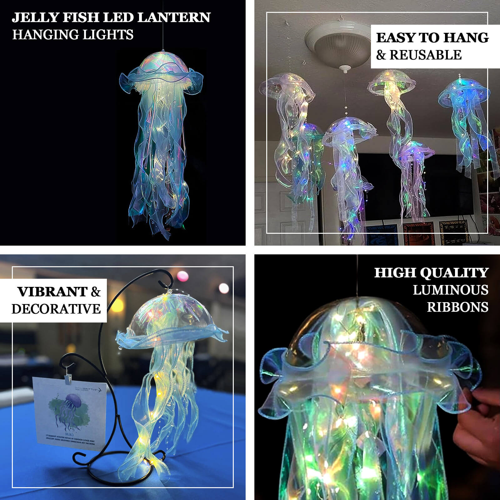 6 Pack Blue Purple Jellyfish Lamp Hanging Lantern Lights, 3 Flashing Modes Organza Ribbon Jelly Fish LED Lights Mermaid Theme Party Decor - 17"