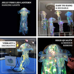 6 Pack Blue Purple Jellyfish Lamp Hanging Lantern Lights, 3 Flashing Modes Organza Ribbon Jelly Fish LED Lights Mermaid Theme Party Decor - 17"