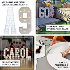 Giant LED Marquee Light Up Letter "M", White 4ft Pre-Cut Foam Board with 10 Warm White Battery Operated LEDs, Glue Gun and Sticks