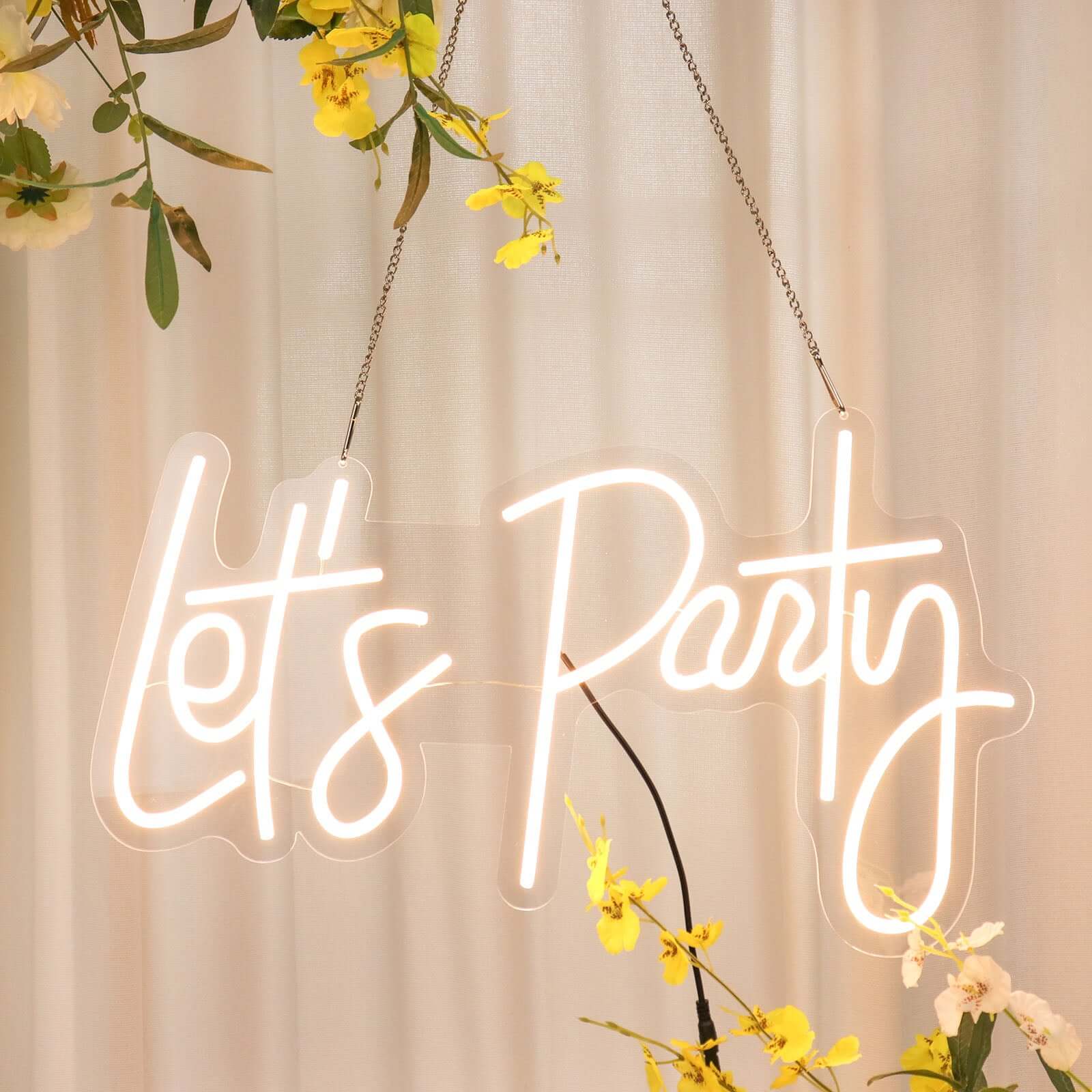 23" Let's Party Neon Light Sign, LED Reusable Wall Décor Lights With 5ft Hanging Chain
