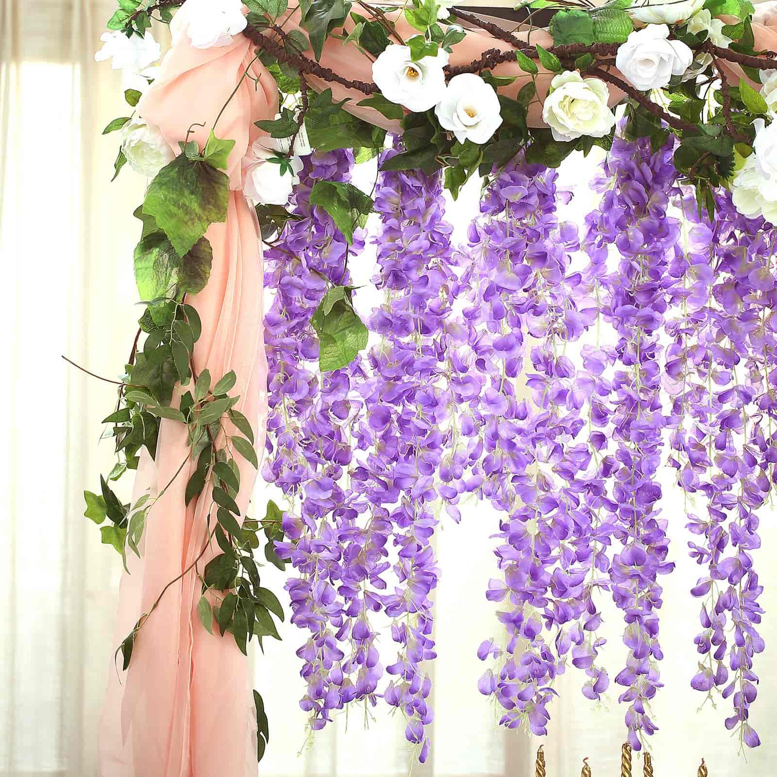 42" Silk Hanging Wisteria Flower Garland Vines in Lavender Lilac, Elaborated 5 Full Strands in 1 Bush