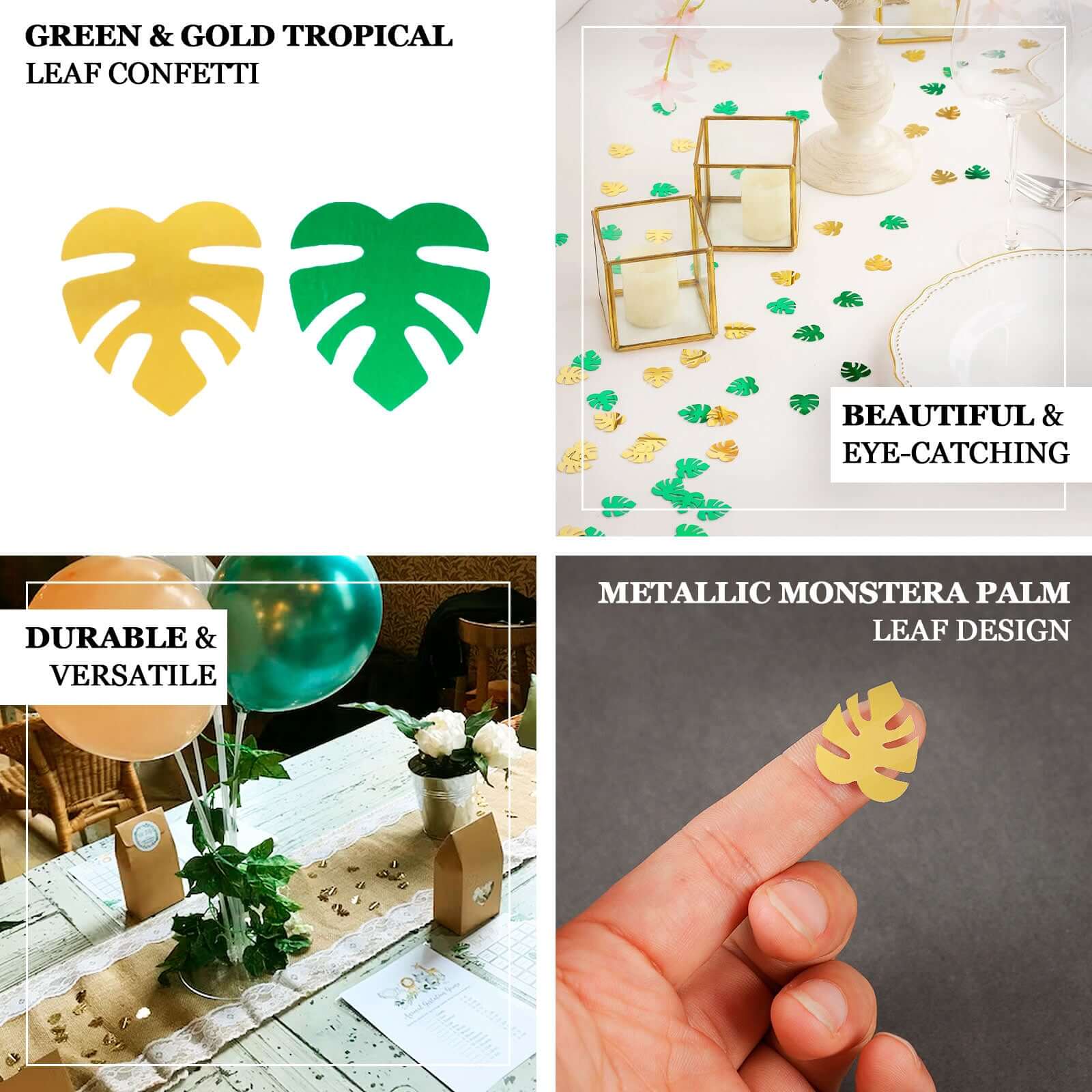 15G Bag Tropical Palm Leaf Table Confetti, Shiny Monstera Metallic Green and Gold Vibrant Eye-Catching Design