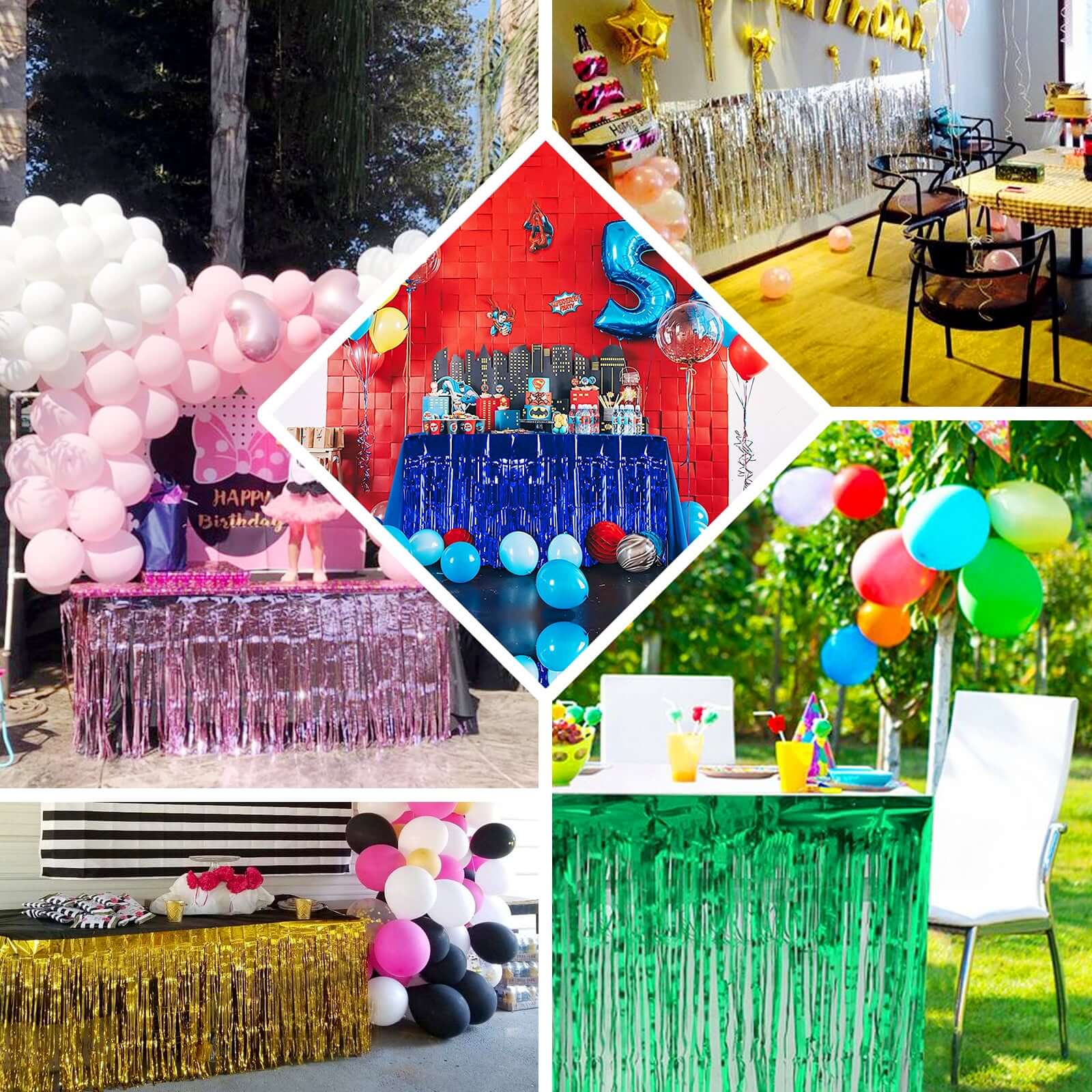 Metallic Foil Fringe Table Skirt Champagne with Self Adhesive Backing - Durable Tinsel Skirt for Parties 30"x9ft