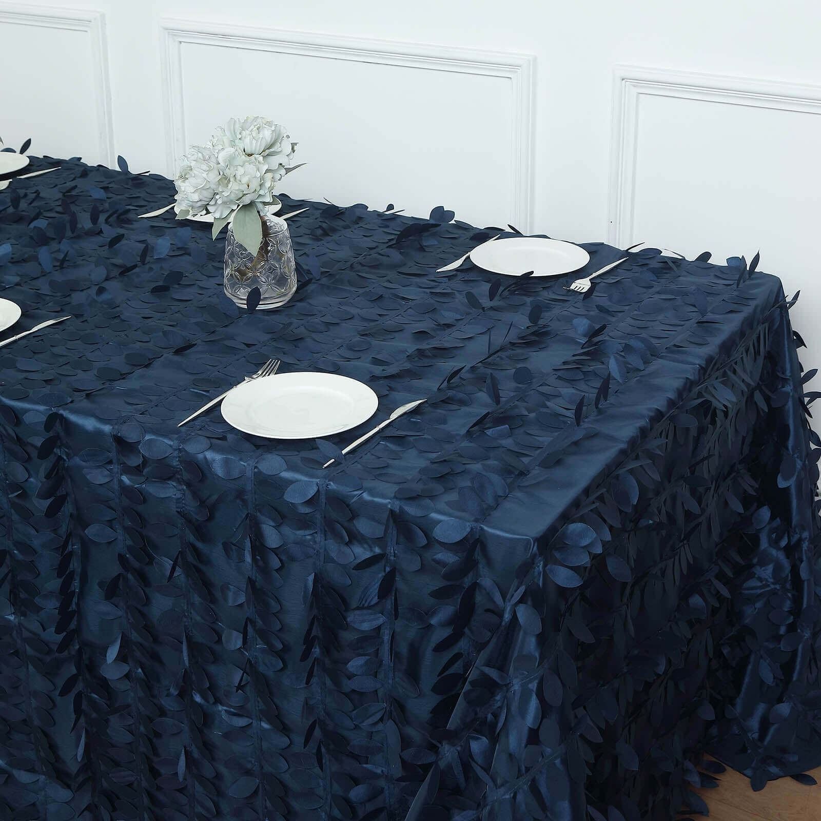Taffeta 90"x156" Rectangle Tablecloth Navy Blue | 3D Leaf Petal Design Seamless Table Cover
