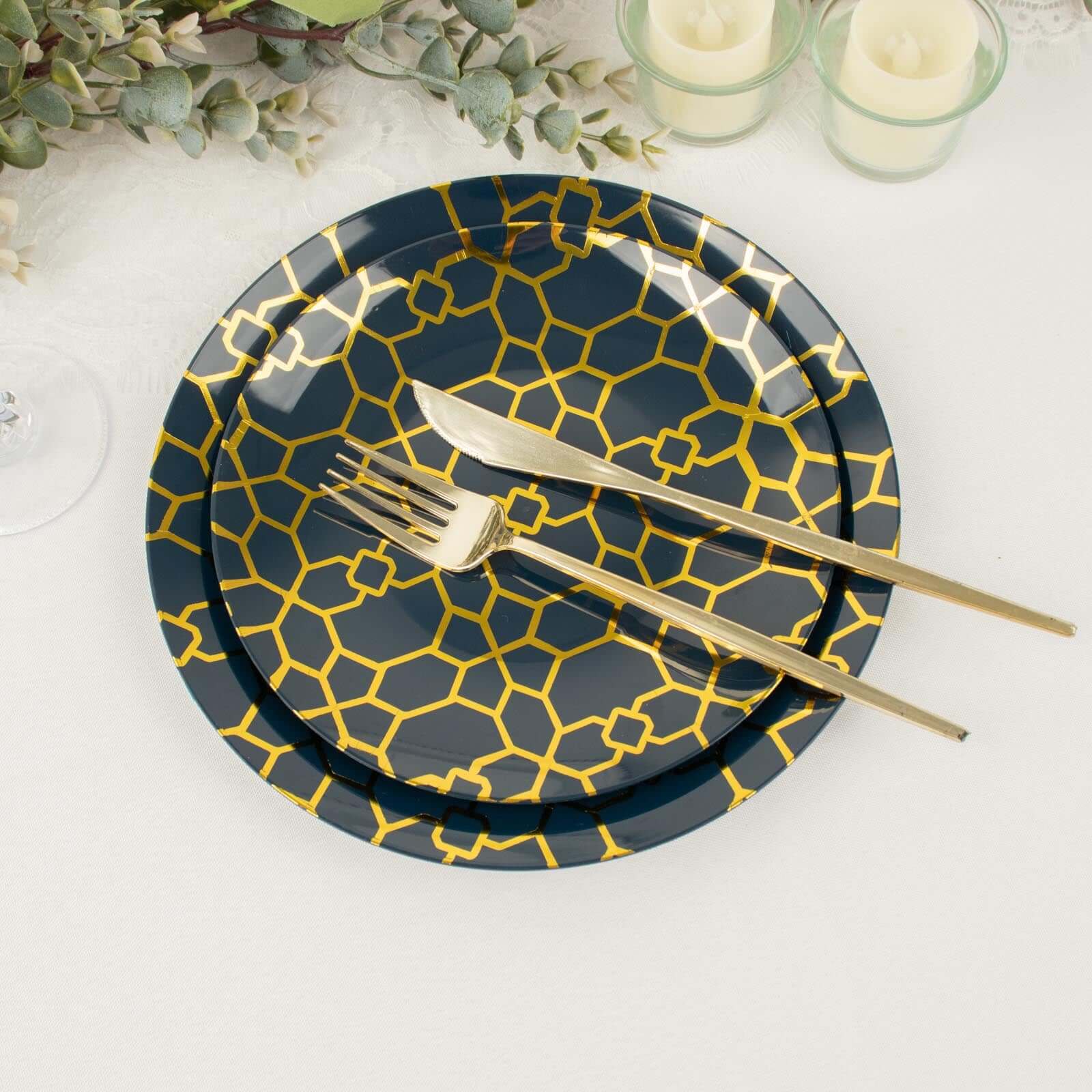 20-Pack Set Plastic Round Dinner and Salad Plates in Navy Blue with Geometric Gold Print - Modern Disposable Dinnerware Set for Weddings & Celebrations 9", 7"
