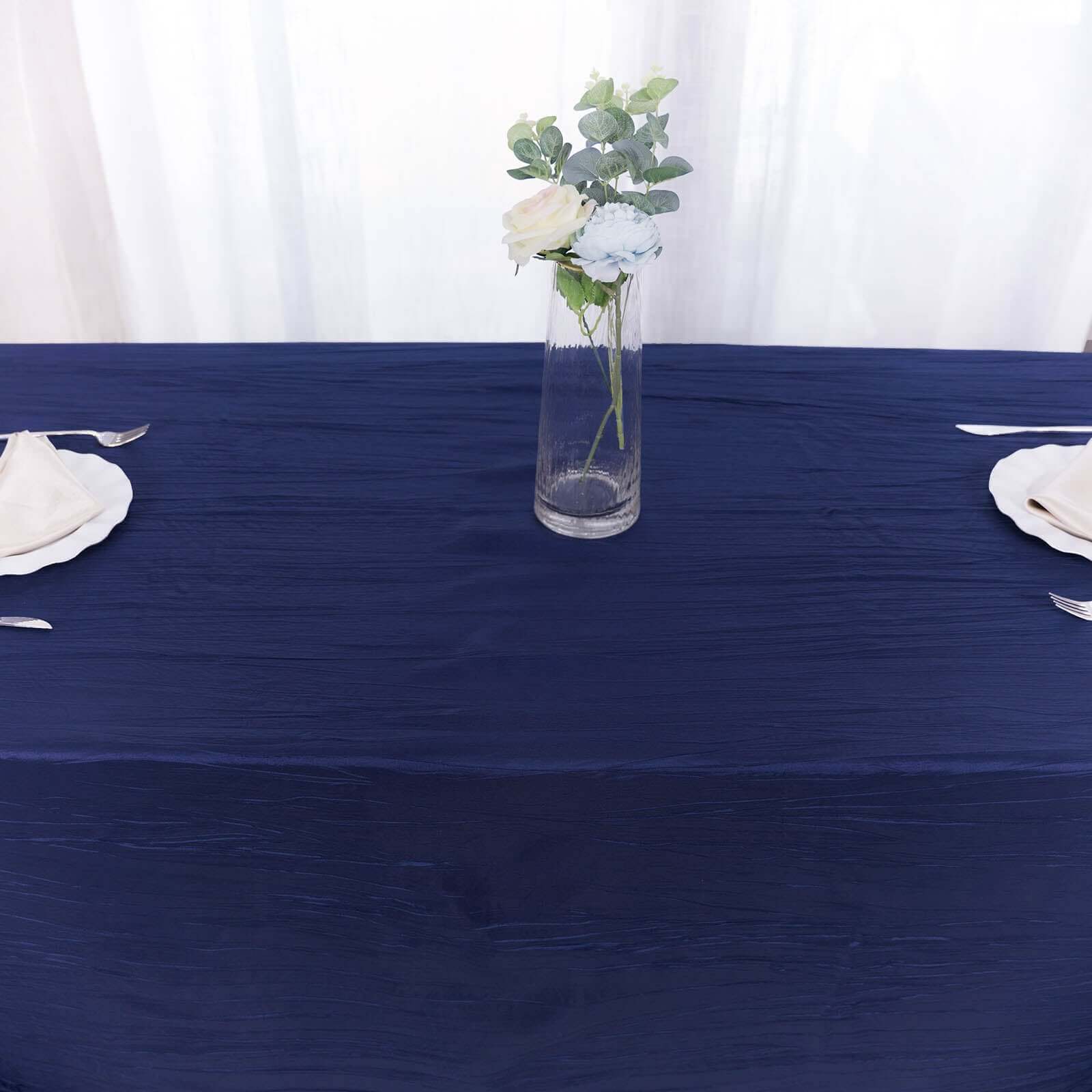 Taffeta 90"x156" Rectangle Tablecloth Navy Blue - Accordion Crinkle Seamless Table Cover