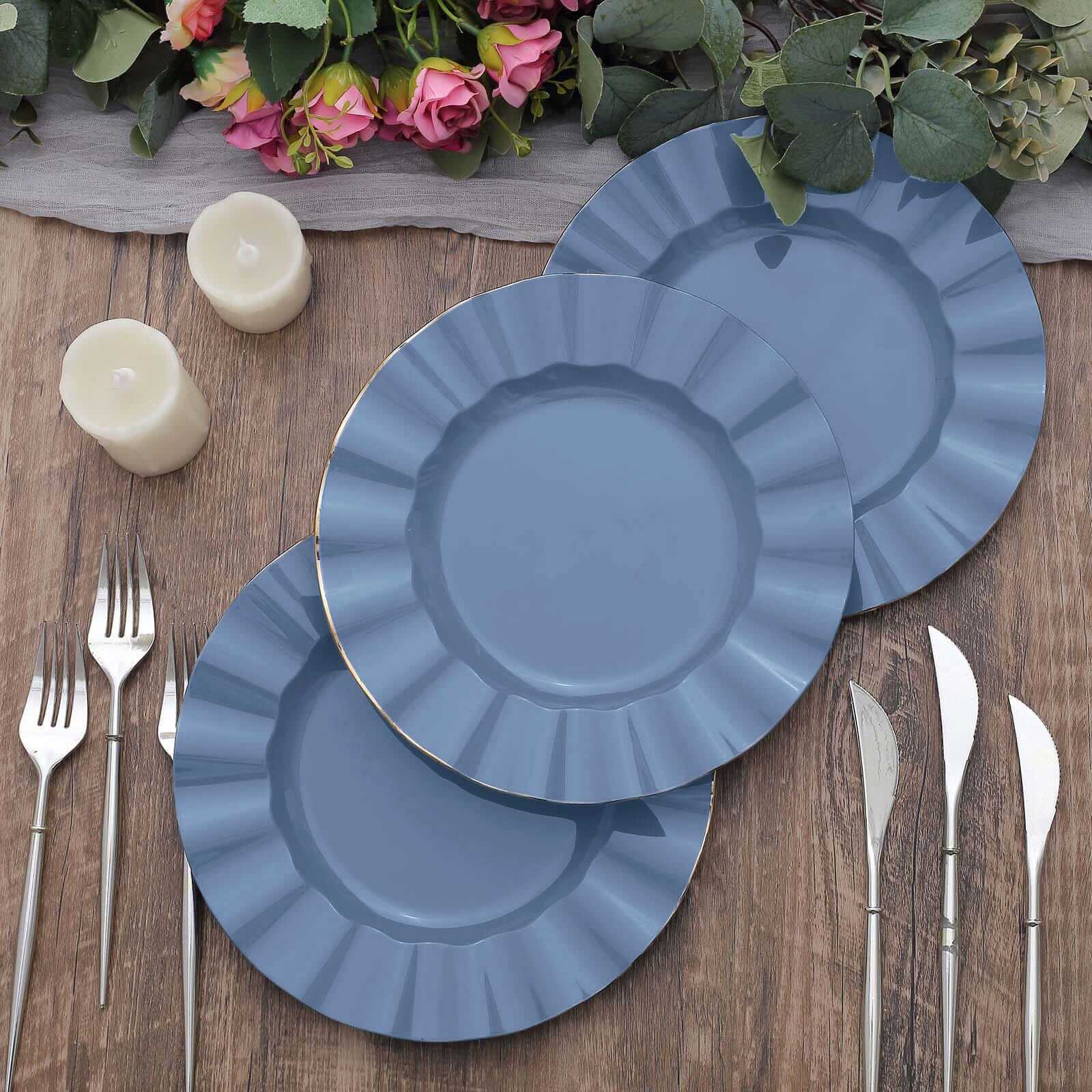 10-Pack Plastic 9" Round Dinner Plates in Ocean Blue Ruffled Rim with Gold Edging - Sturdy Disposable Dinnerware