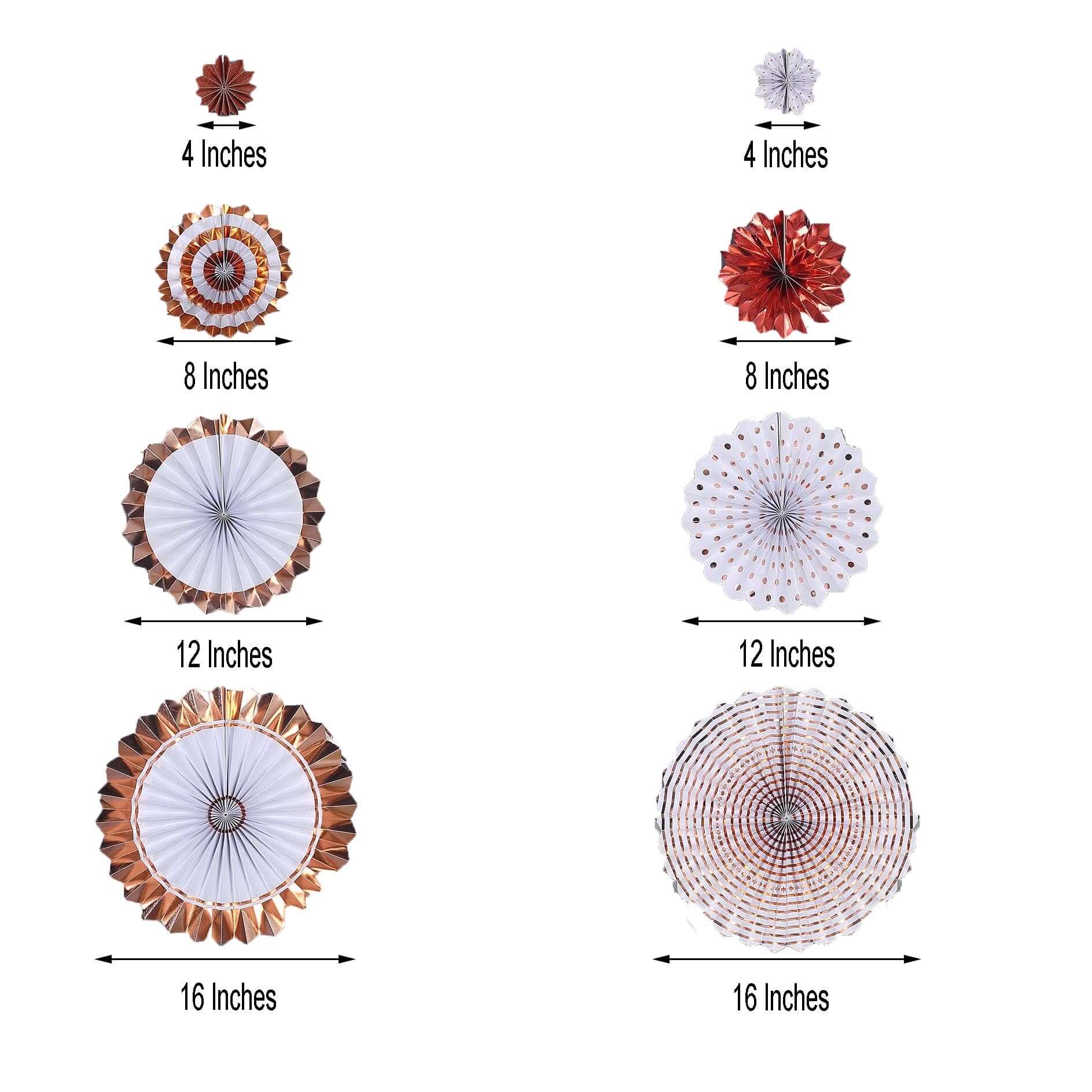 Set of 8 Gold Rose Gold Hanging Paper Fan Decorations, Pinwheel Wall Backdrop Party Kit - 4", 8", 12"