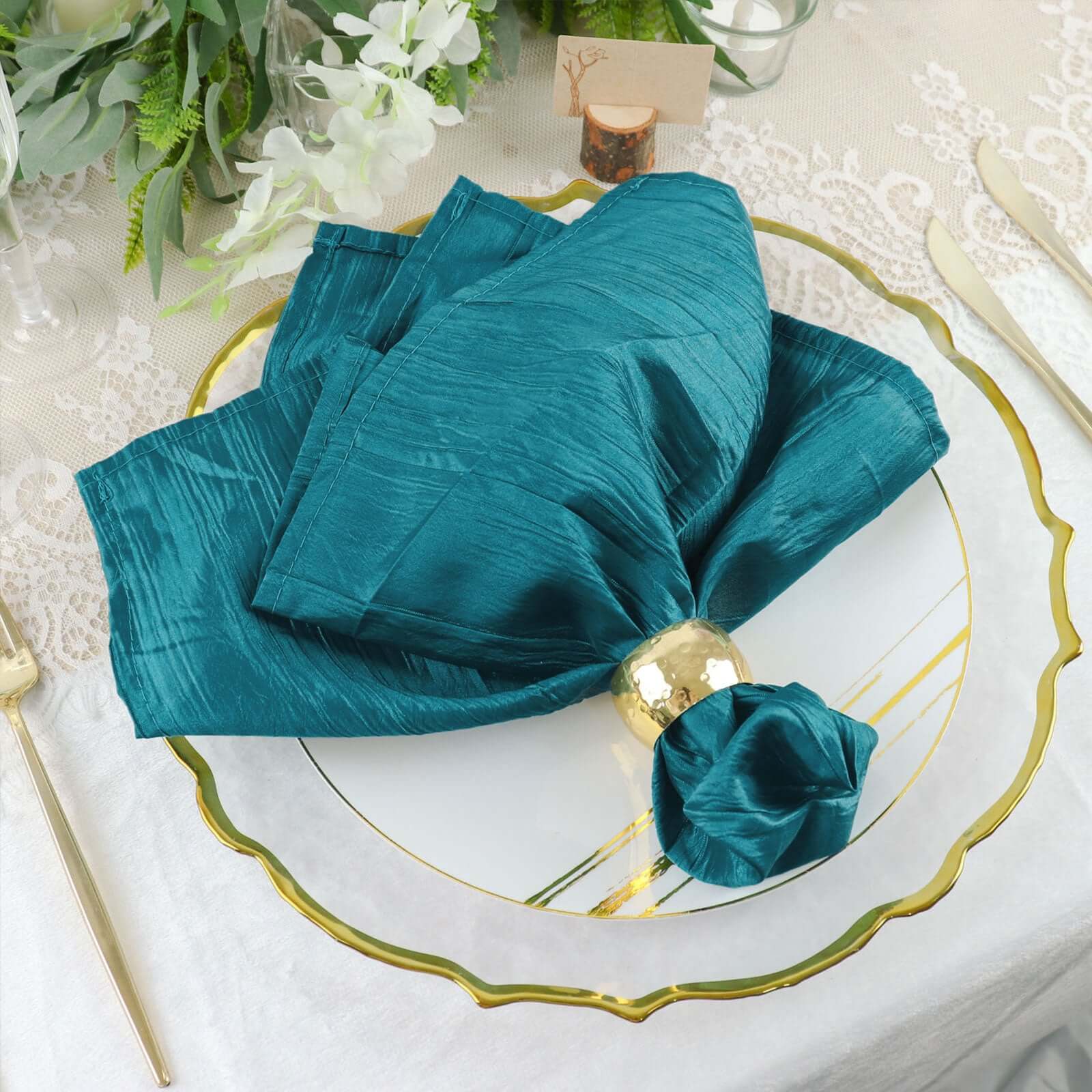 5 Pack Taffeta 20"x20" Napkins Peacock Teal - Accordion Crinkle Dinner Napkins