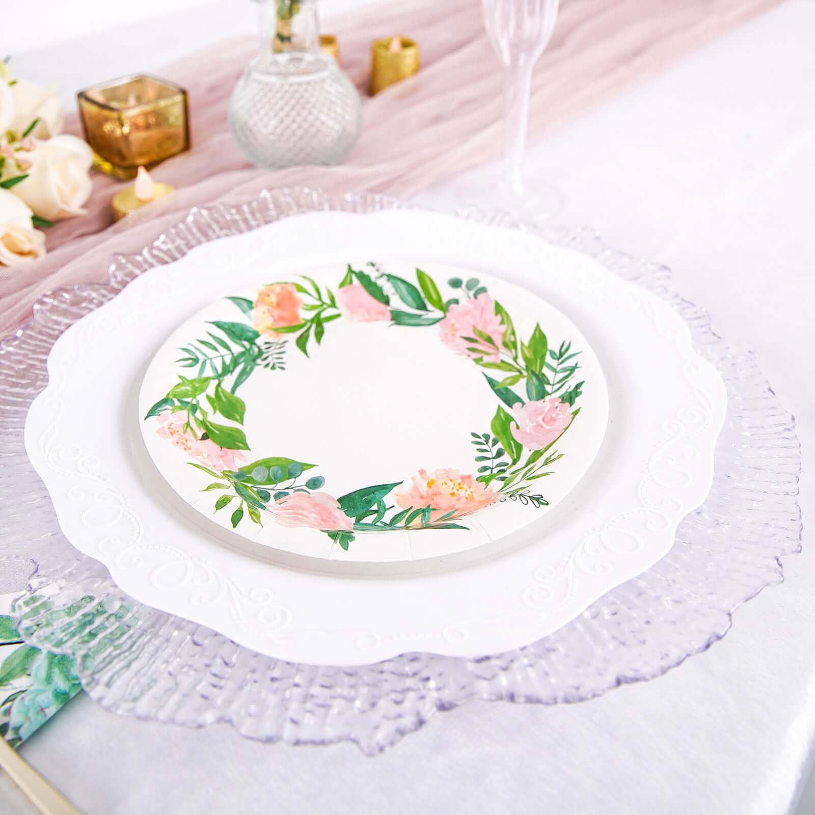 25-Pack Paper 7" Round Dessert Plates in White with Rose/Peony Flower Wreath - Disposable Appetizer Salad Plates for Special Occasions & Gatherings