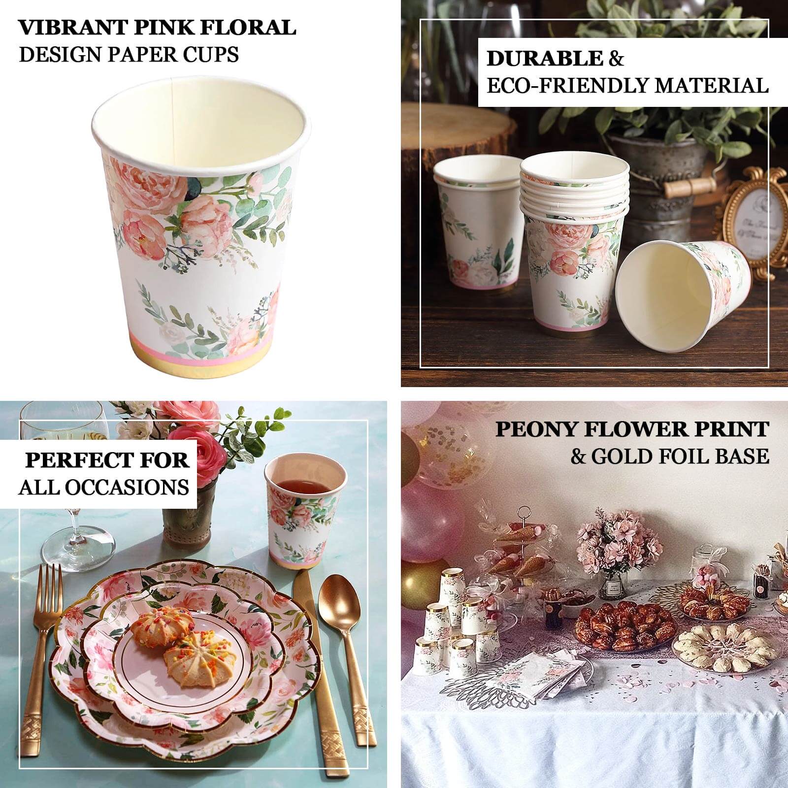 24-Pack Paper Cups in Pink Peony Flower Print with Gold Foil - Chic Disposable Party Cups for Weddings & All Purpose Use 9oz