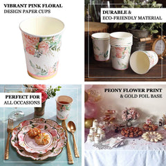 24-Pack Paper Cups in Pink Peony Flower Print with Gold Foil - Chic Disposable Party Cups for Weddings & All Purpose Use 9oz