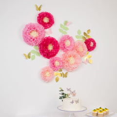 Set of 21 Tissue Paper Flowers Pom Poms Decor Kit – Blush Pink 3D Chrysanth Floral Wall Decor with Butterflies & Olive Leaves - 8",10",12"