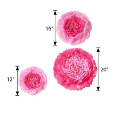 Set of 6 Pink Fuchsia Giant Carnation 3D Paper Flowers Wall Decor - 12",16",20"