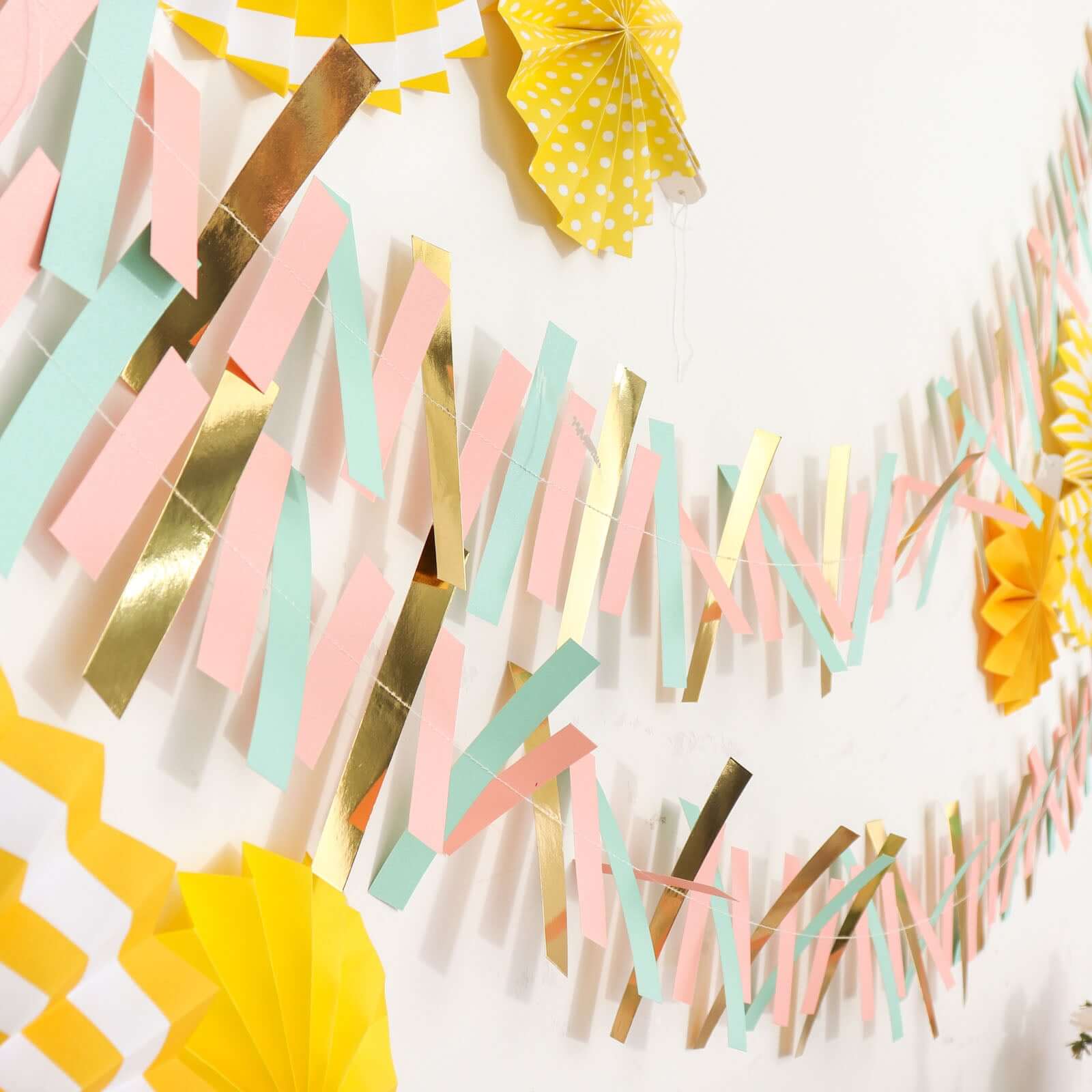 Gold, Blush and Turquoise Confetti-Like Paper Party Garland Streamer, Hanging Backdrop Decoration - 6.5ft