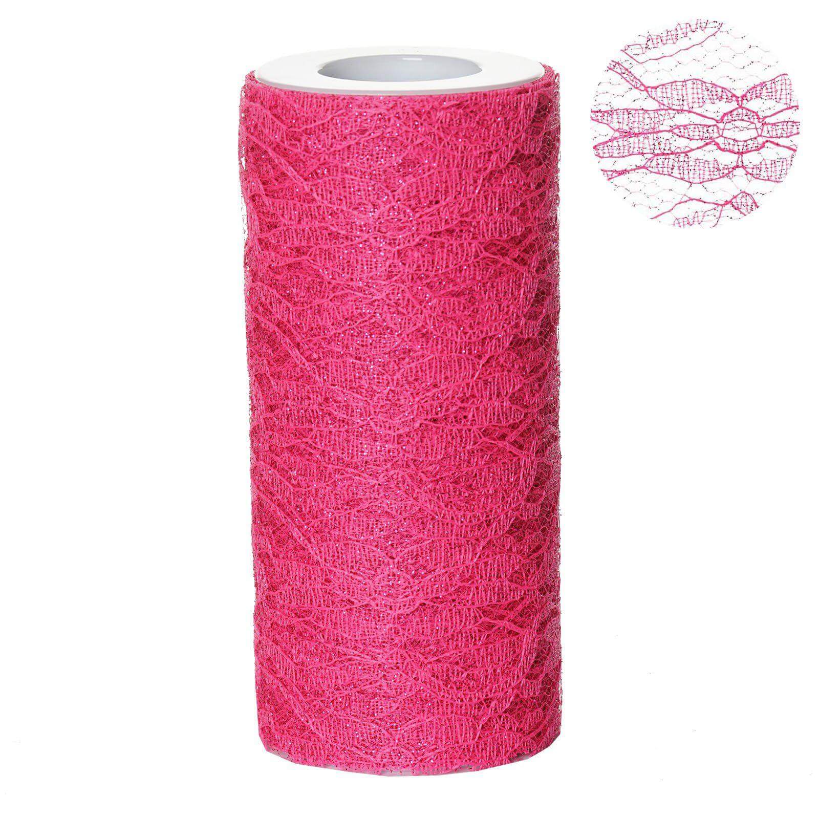 6"X10 Yards Fuchsia Floral Lace Shimmer Glitter Tulle Fabric Bolt