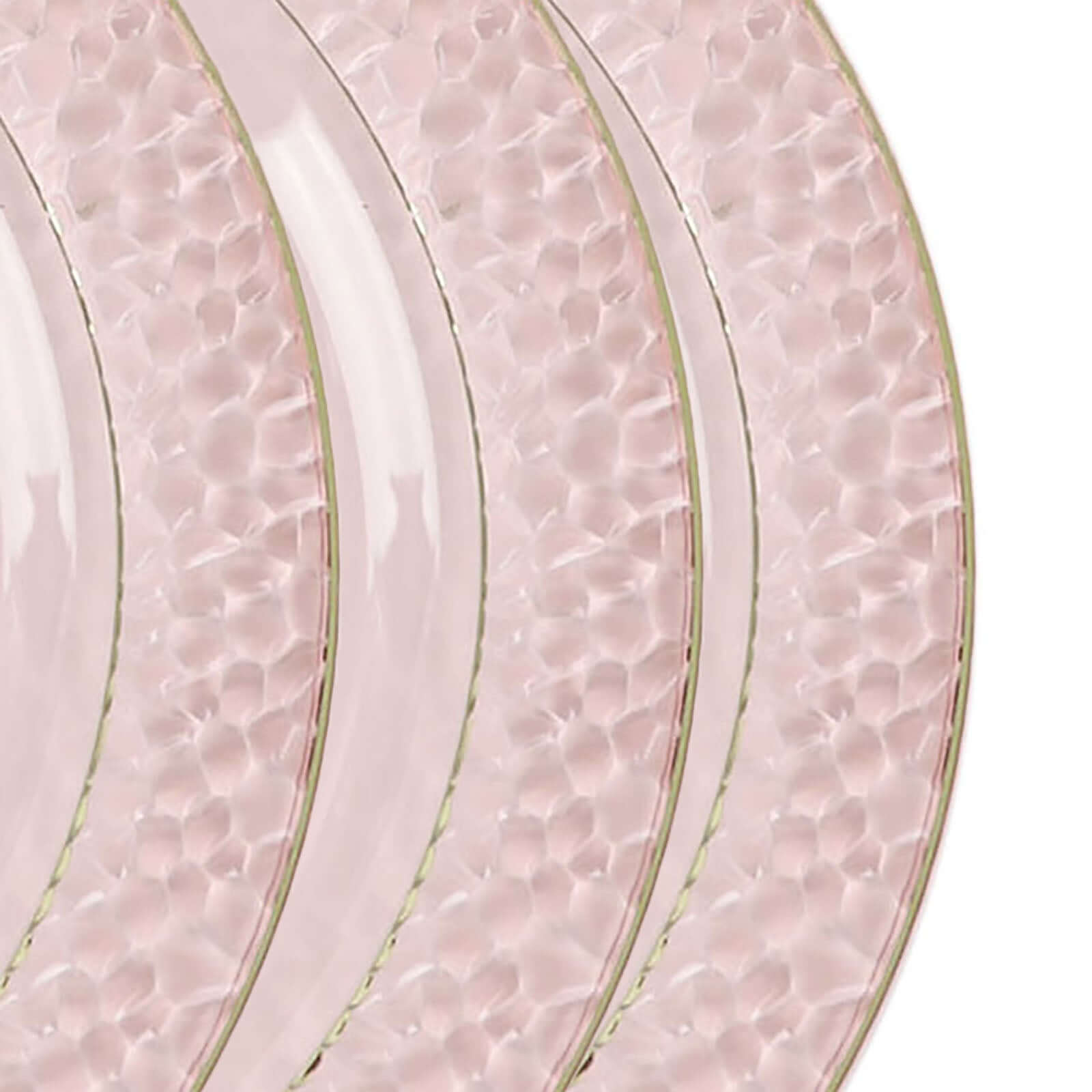 10-Pack Plastic 10" Round Dinner Plates in Blush Hammered Design with Gold Rim - Disposable Party Plates for Chic Banquets & Special Occasions