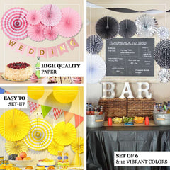 Set of 6 Pink Hanging Paper Fan Decorations, Pinwheel Wall Backdrop Party Kit - 8", 12", 16"