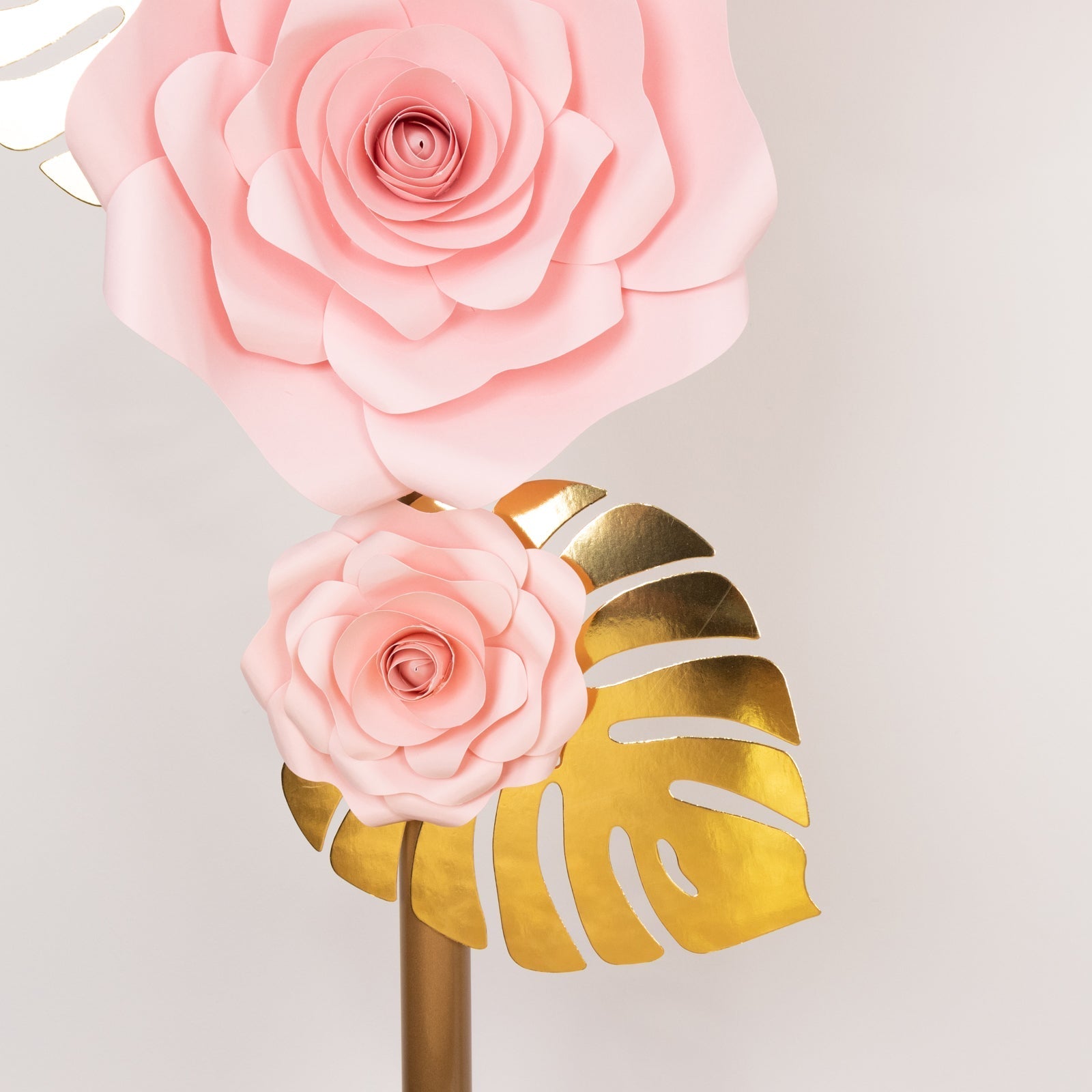 Set of 9 Pink 3D Rose Paper Flowers with Gold Tropical Palm Leaves, Party Flower Backdrop Hanging Wall Decor