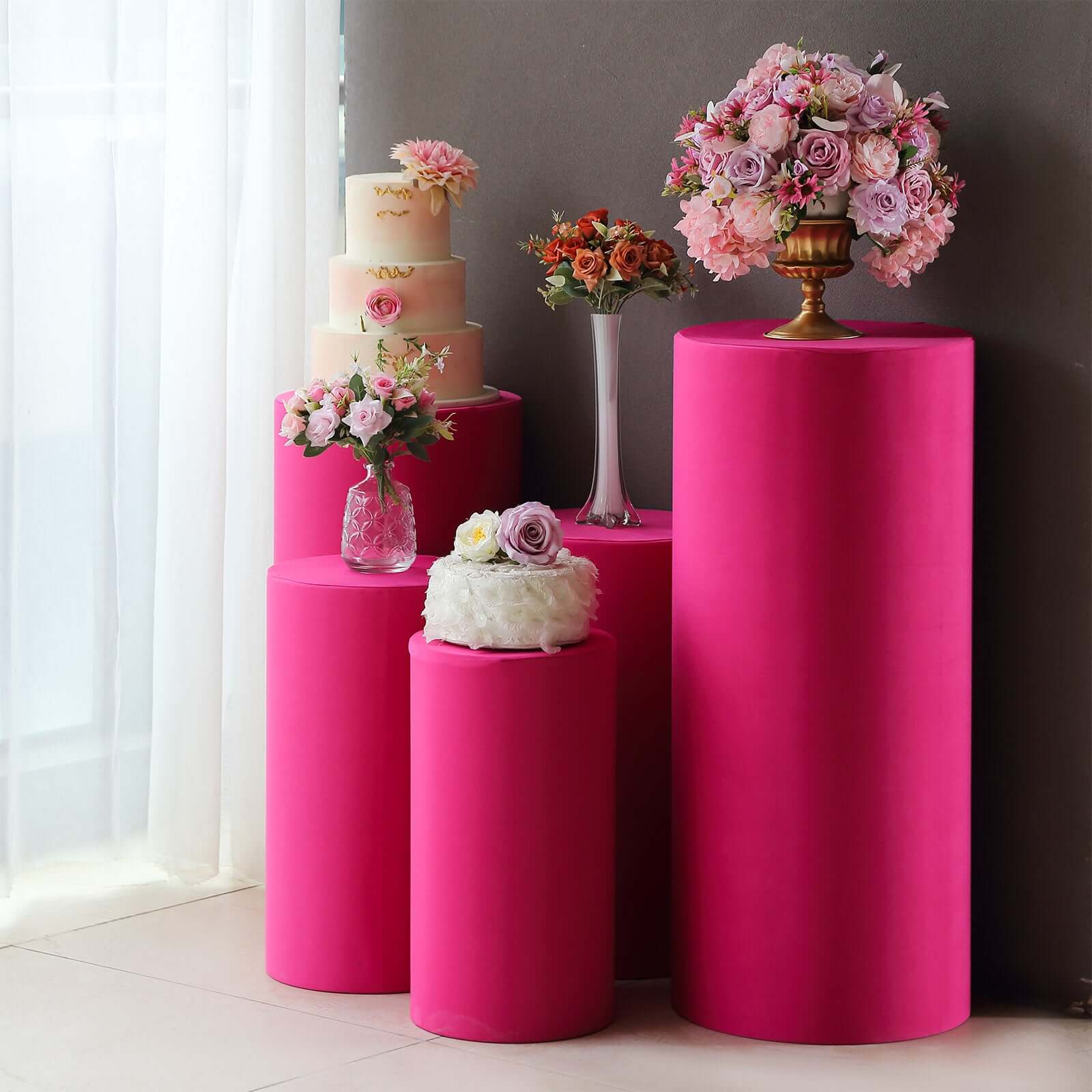 Set of 5 Fuchsia Spandex Cylinder Pedestal Stand Covers, Stretchable Pillar Prop Covers - 160 GSM