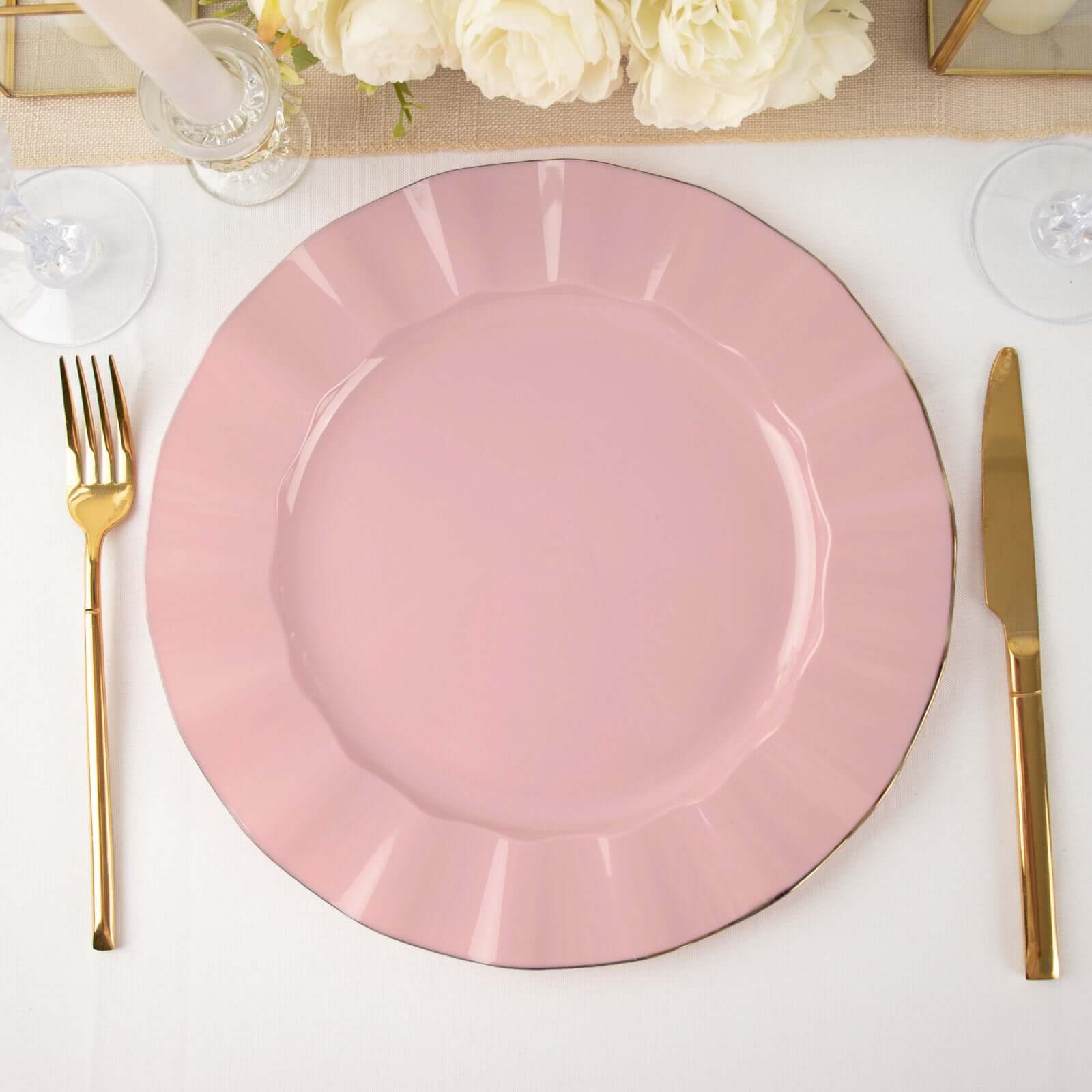 10-Pack Plastic 11" Round Dinner Plates in Dusty Rose Ruffled Rim with Gold Edging - Sturdy Disposable Dinnerware