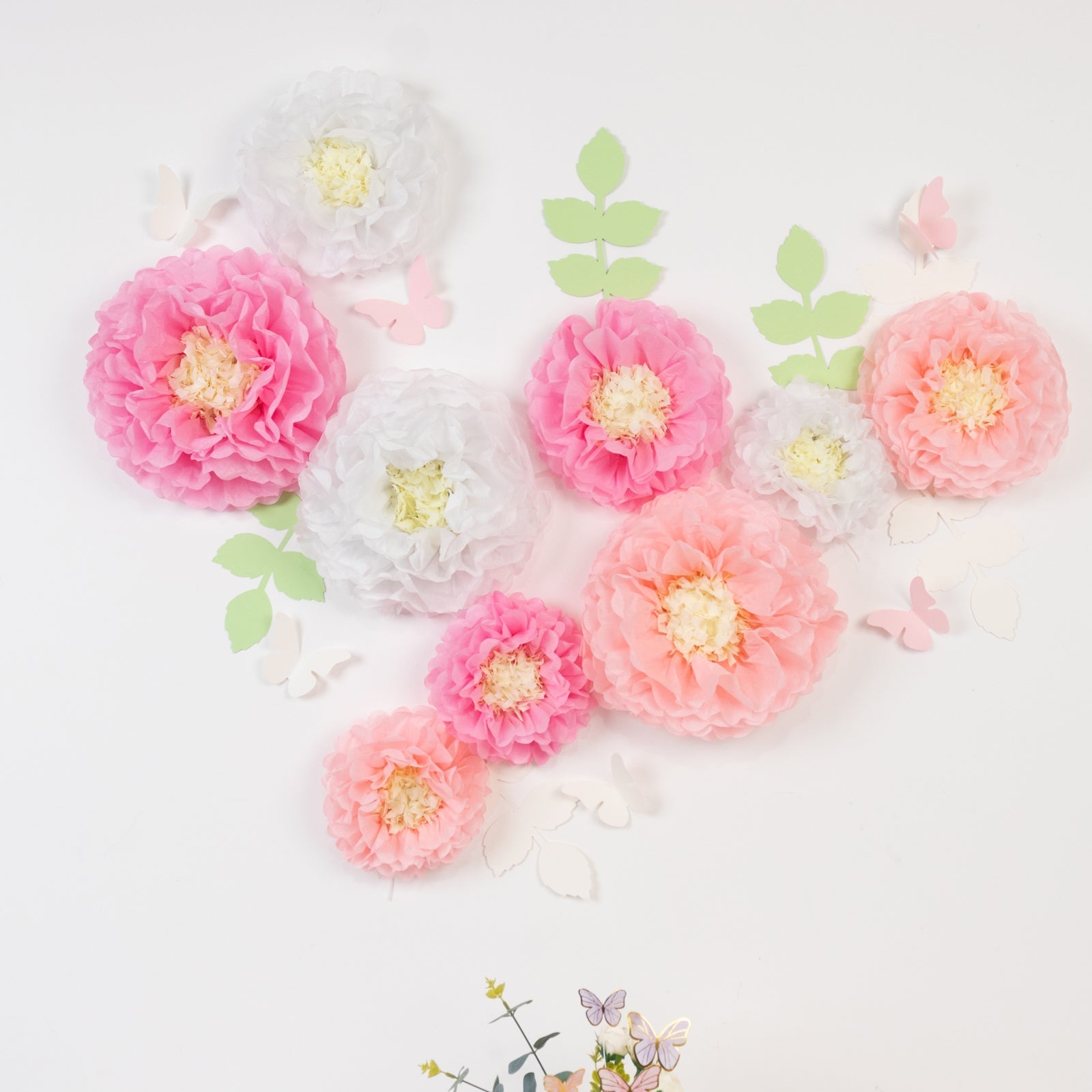 Set of 21 Tissue Paper Flowers Pom Poms Decor Kit – White Pink 3D Chrysanth Floral Wall Decor with Butterflies & Olive Leaves - 8",10",12"